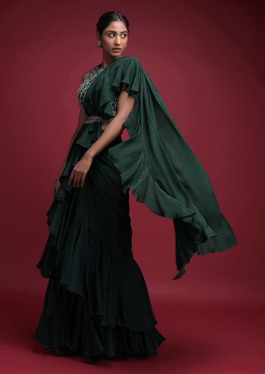 Emerald Green Saree In Crepe With Ruffled Pallu And Layered Ruffles On The Pleats  