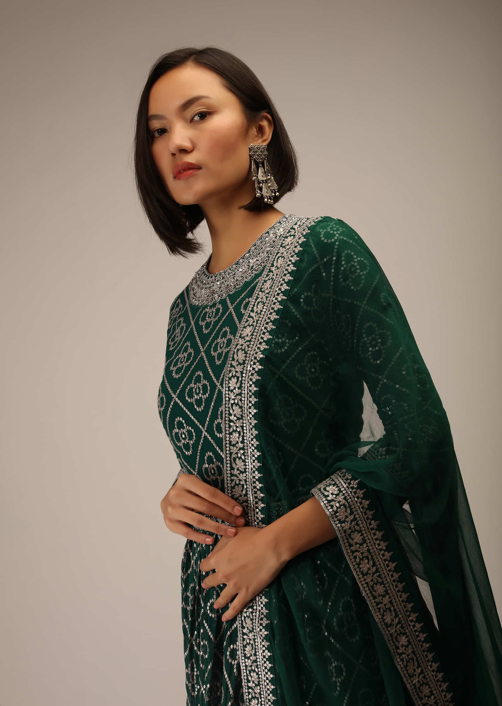 Emerald Green Anarkali Suit In Georgette With Zari And Sequins Embroidered Jaal And Three Quarter Sleeves