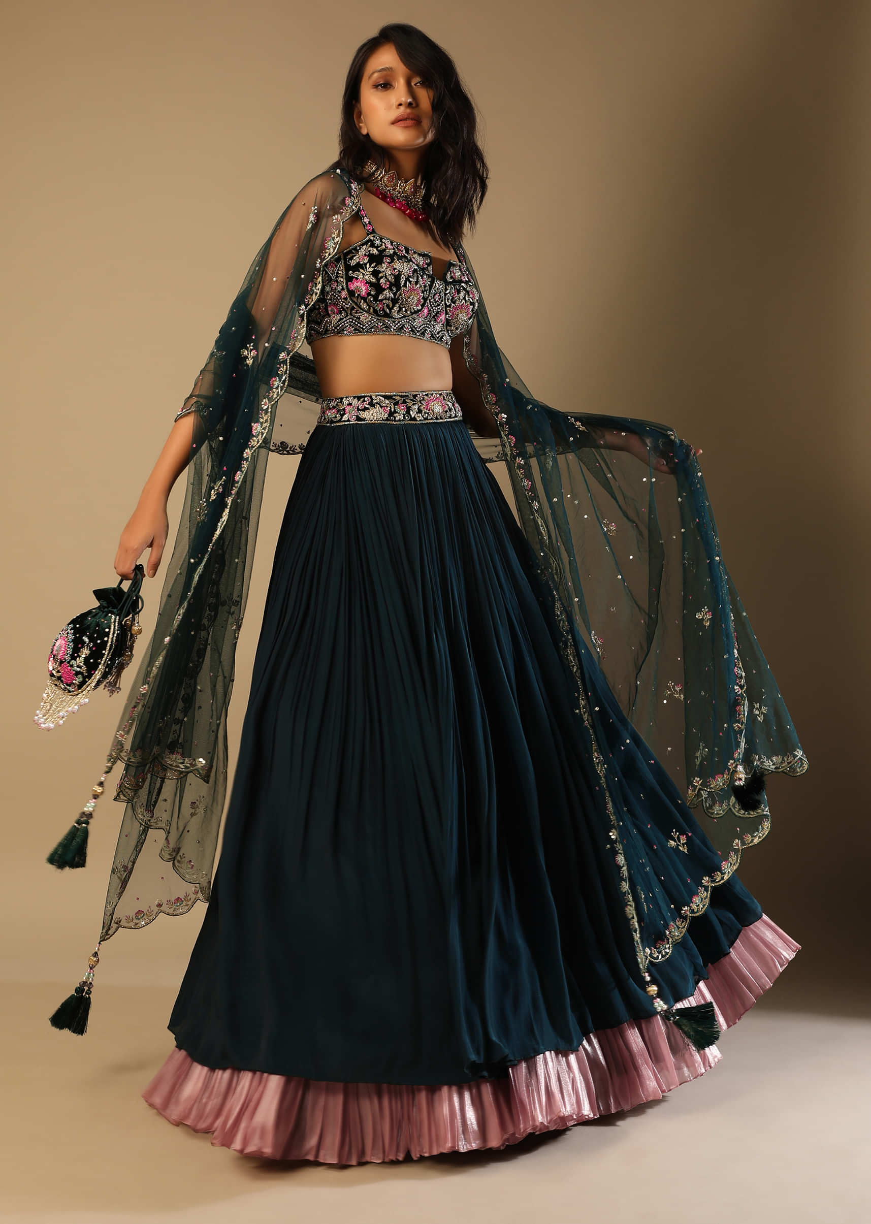 Emerald Green Lehenga With Hand Embroidered Choli Using Multi Colored Floral Motifs 