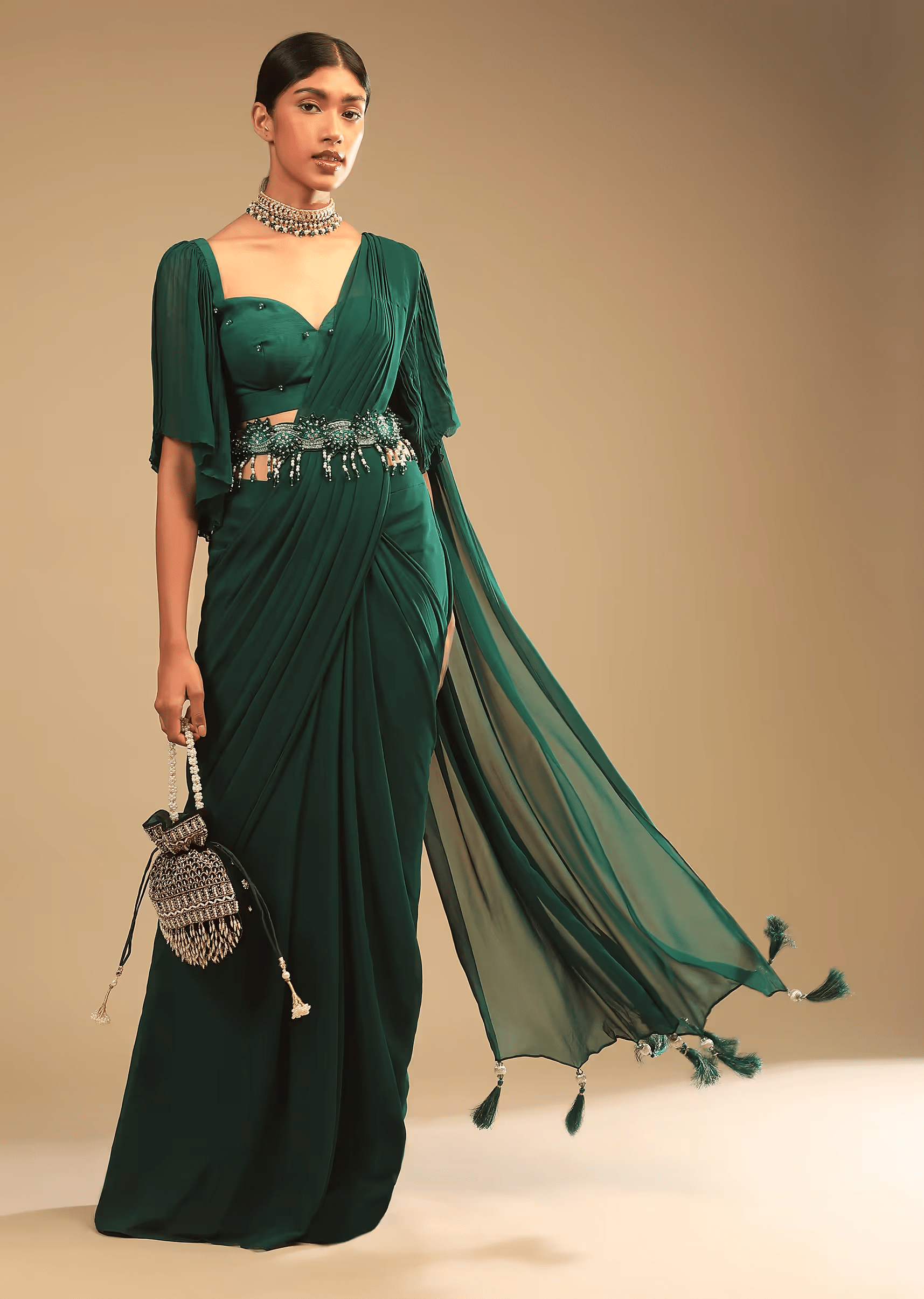 Emerald Green Ready Pleated Saree In Georgette With Bell Sleeves Crop Top And Chunky Embroidered Belt  