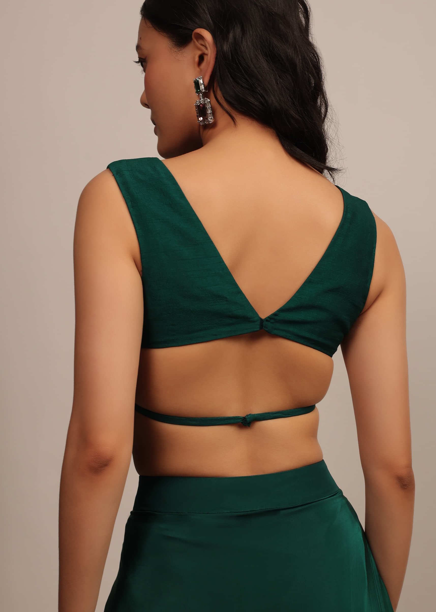 Emerald Green Sleeveless Blouse In Raw Silk With Strappy Back Hook 