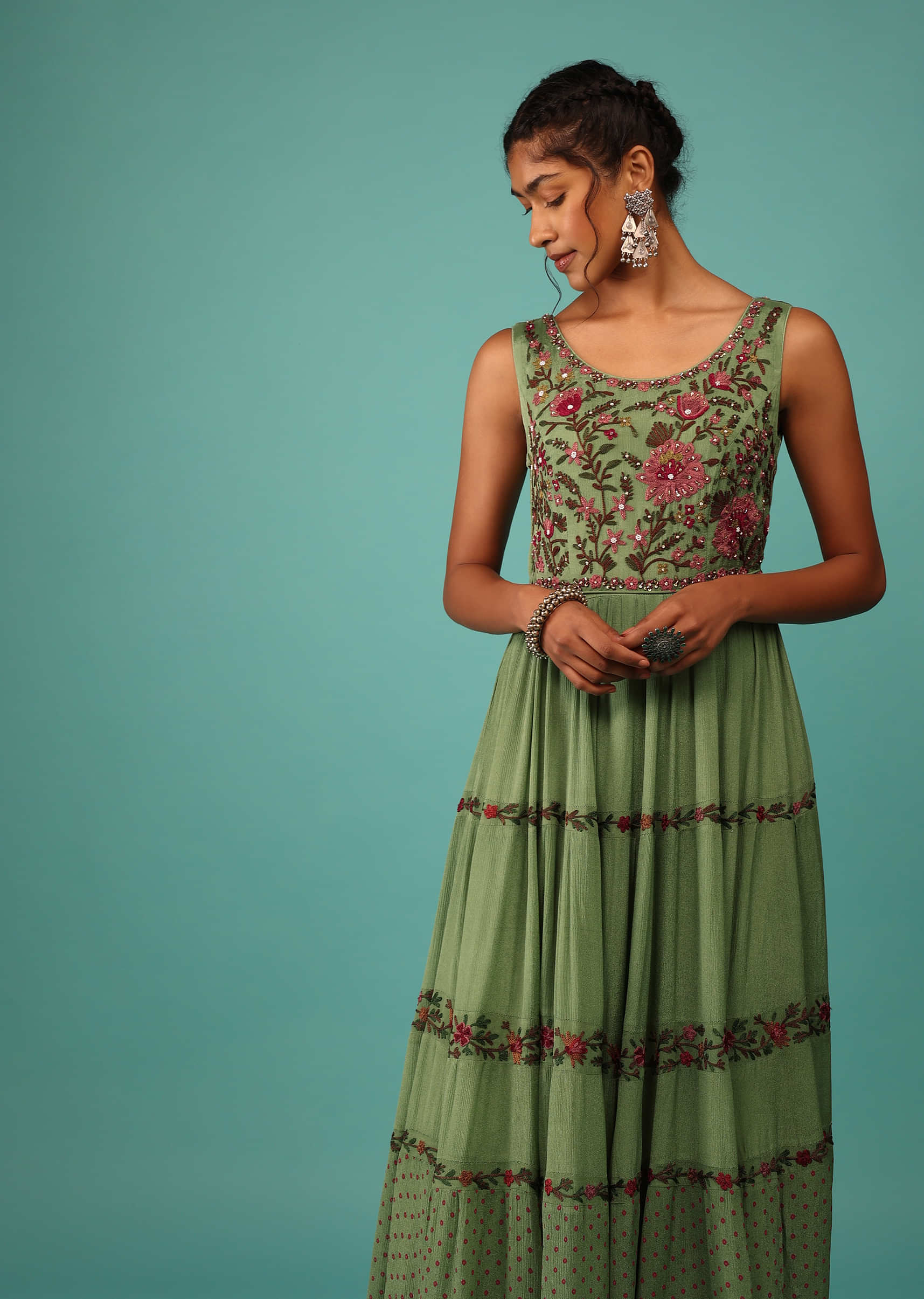 Moss Green Flowy Dress In Chiffon With Floral Kashmiri Thread Work And Embroidery