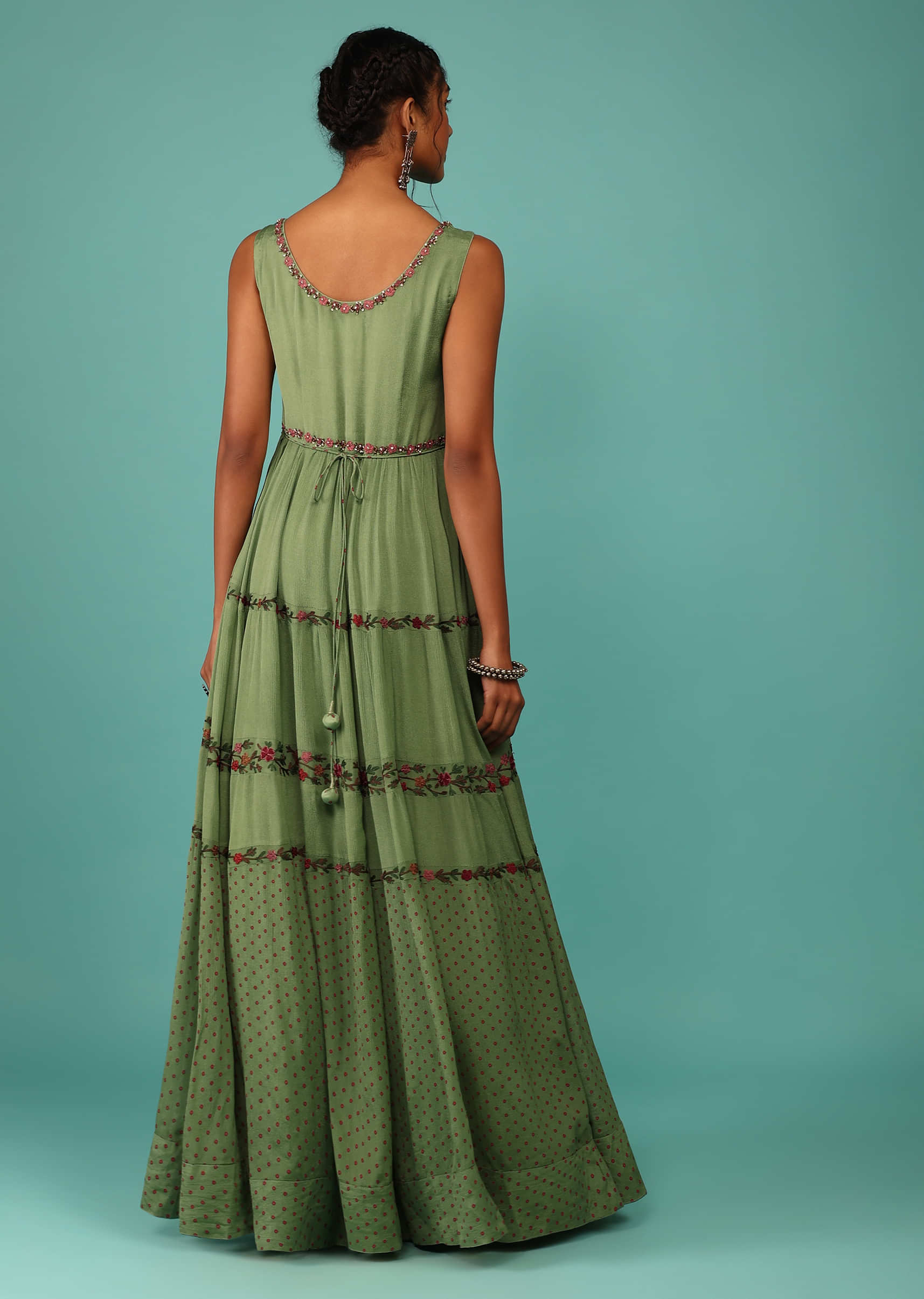 Moss Green Flowy Dress In Chiffon With Floral Kashmiri Thread Work And Embroidery
