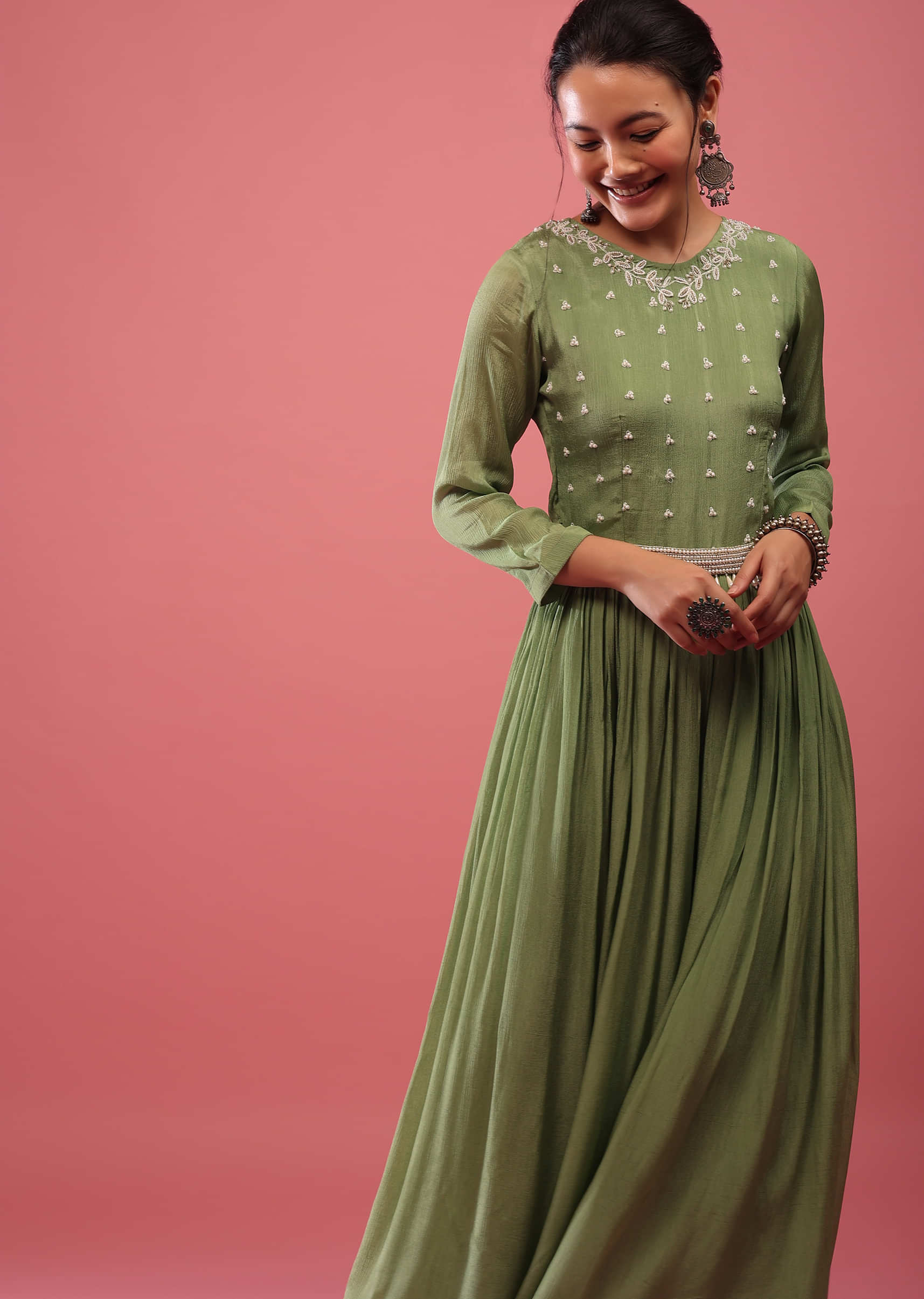 Moss Green Jumpsuit In Chiffon With Full Sleeves And Embroidered Belt In Moti