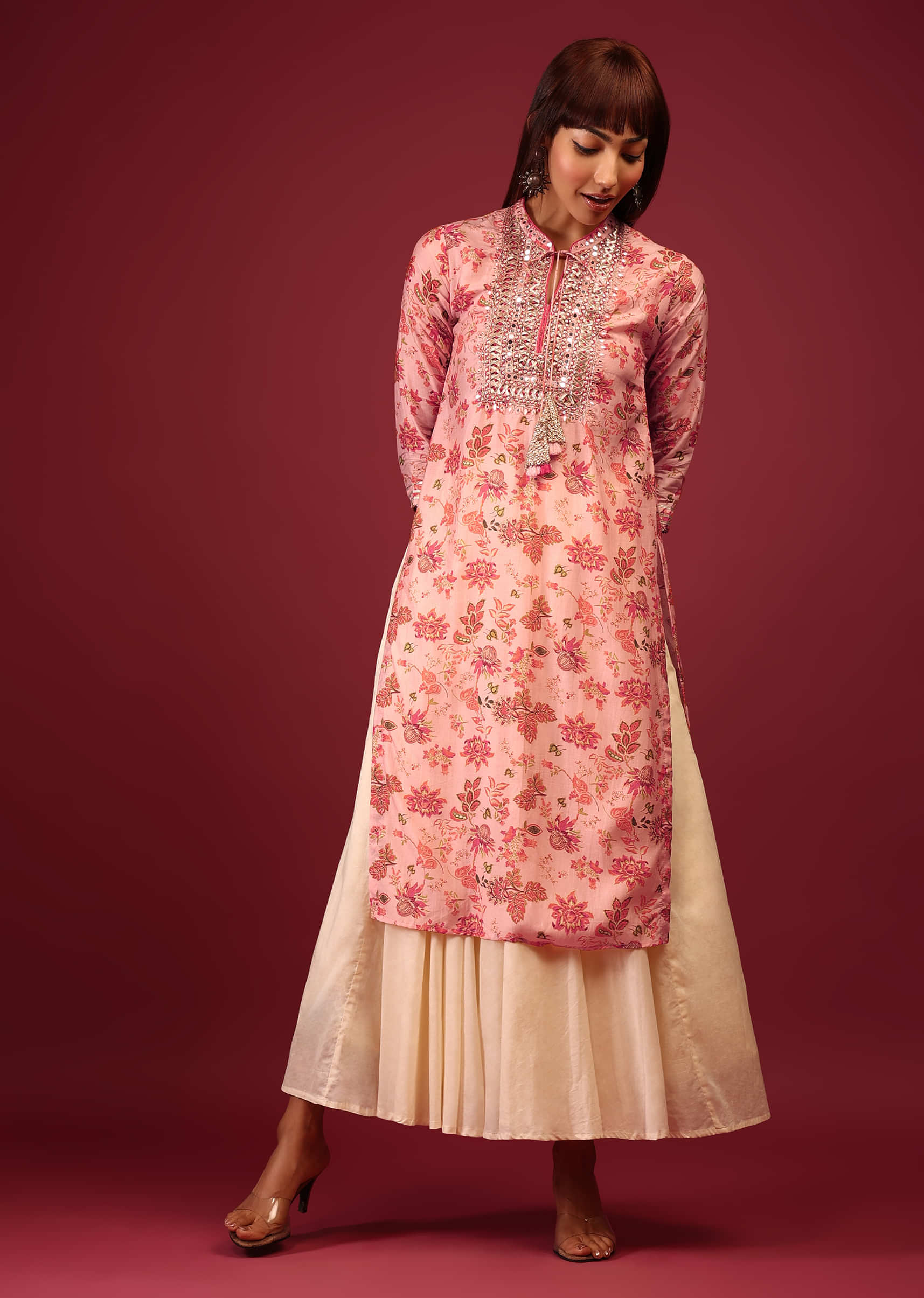 Rose Pink Floral Print Cotton Kurta In Straight Cut With Gotta Work Embroidered Bodice