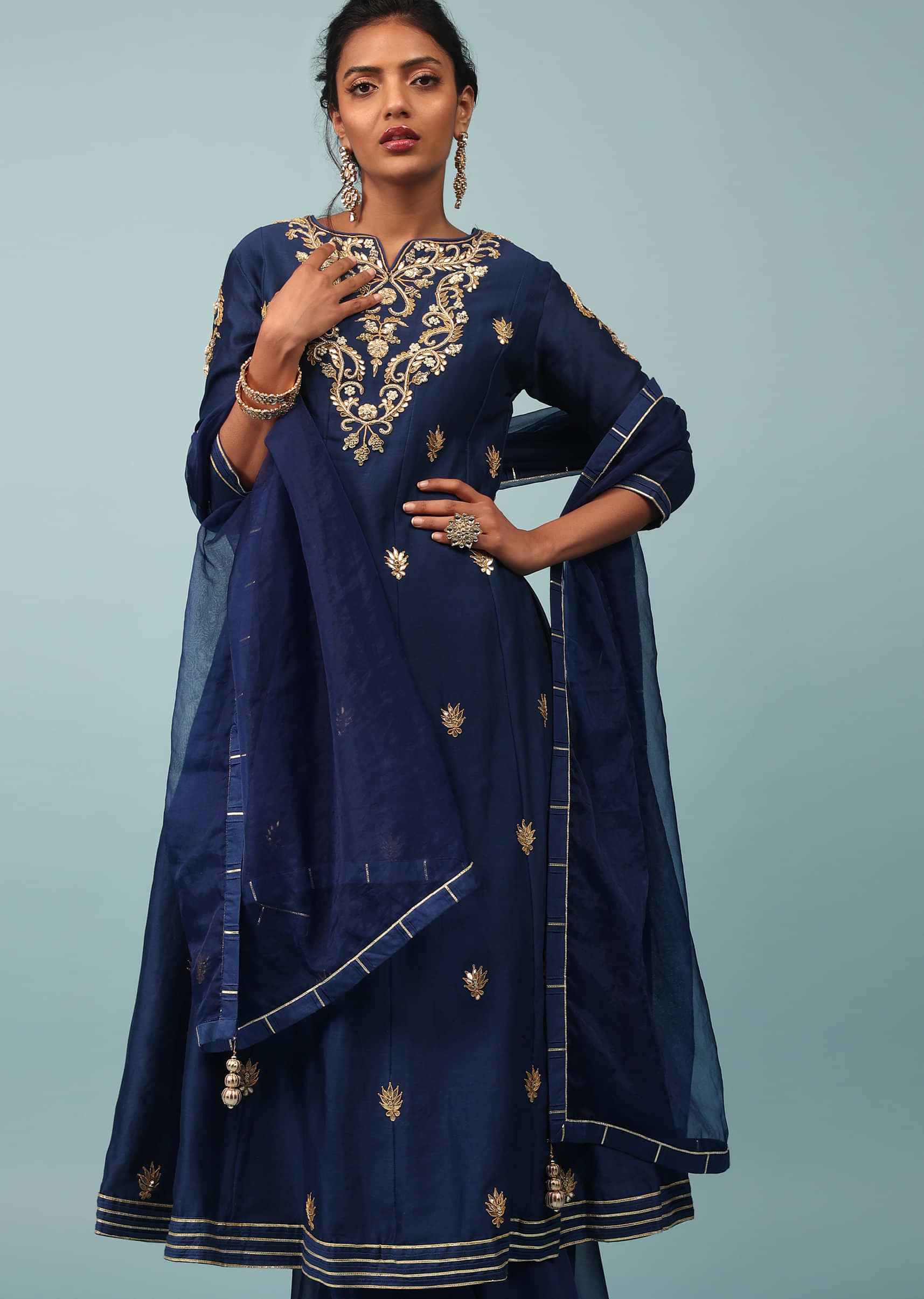 Estate Blue Embroidered Palazzo Suit Set In Cotton Silk