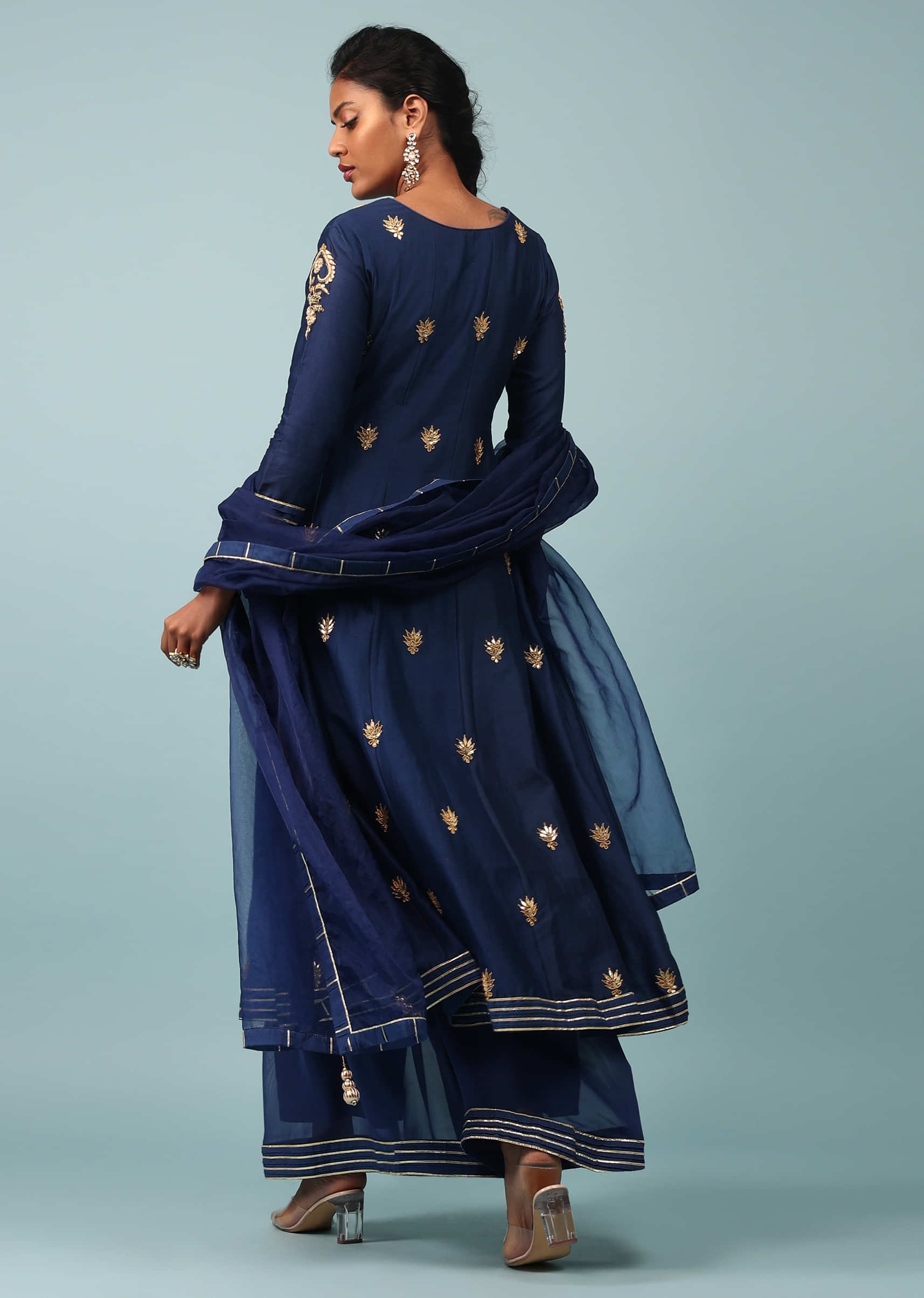 Estate Blue Embroidered Palazzo Suit Set In Cotton Silk