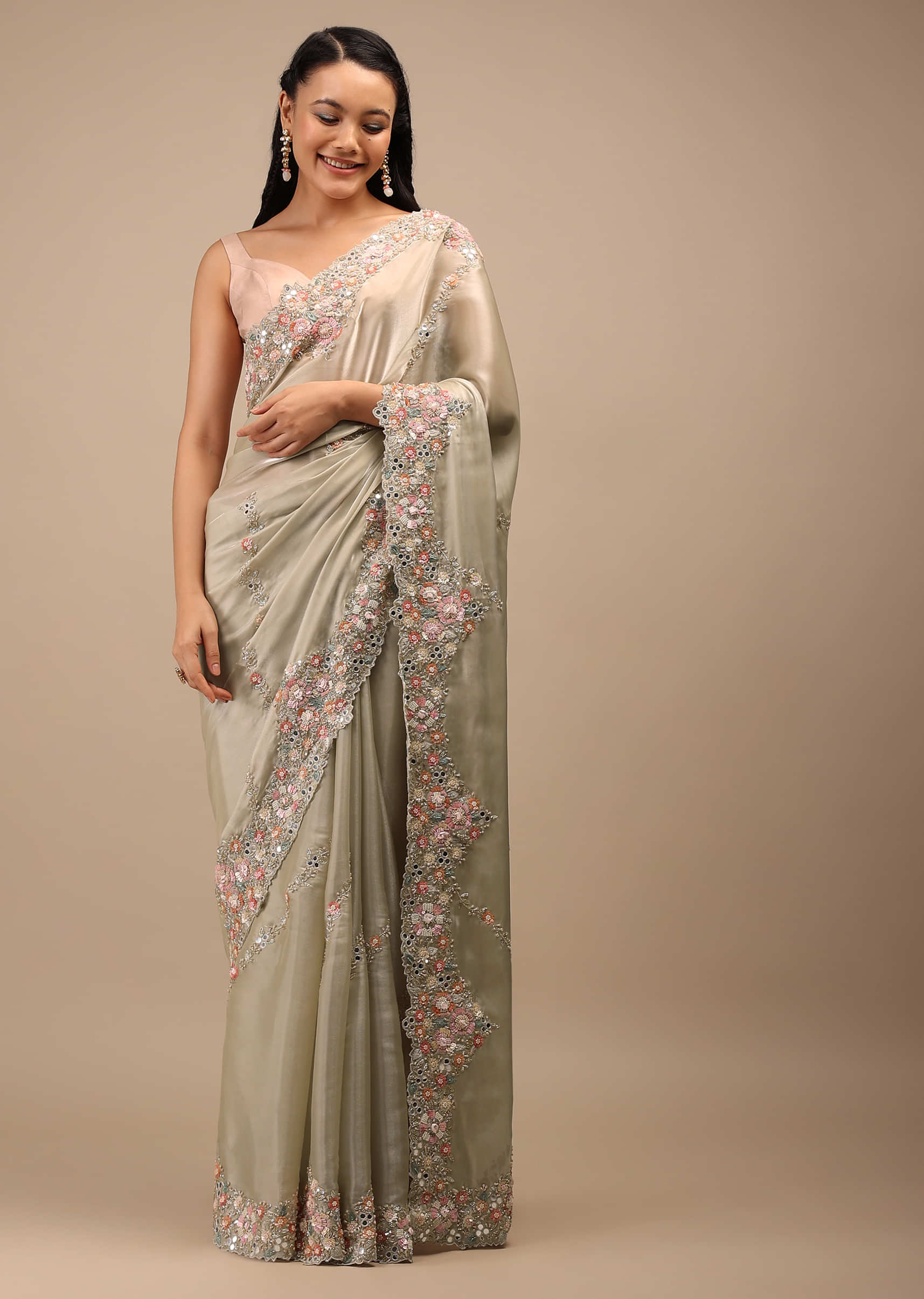 Eucalyptus Grey Glass Silk Saree In 3D Floral Motifs On The Border, Embroidered Border In Multi-Color Sequins And Lace