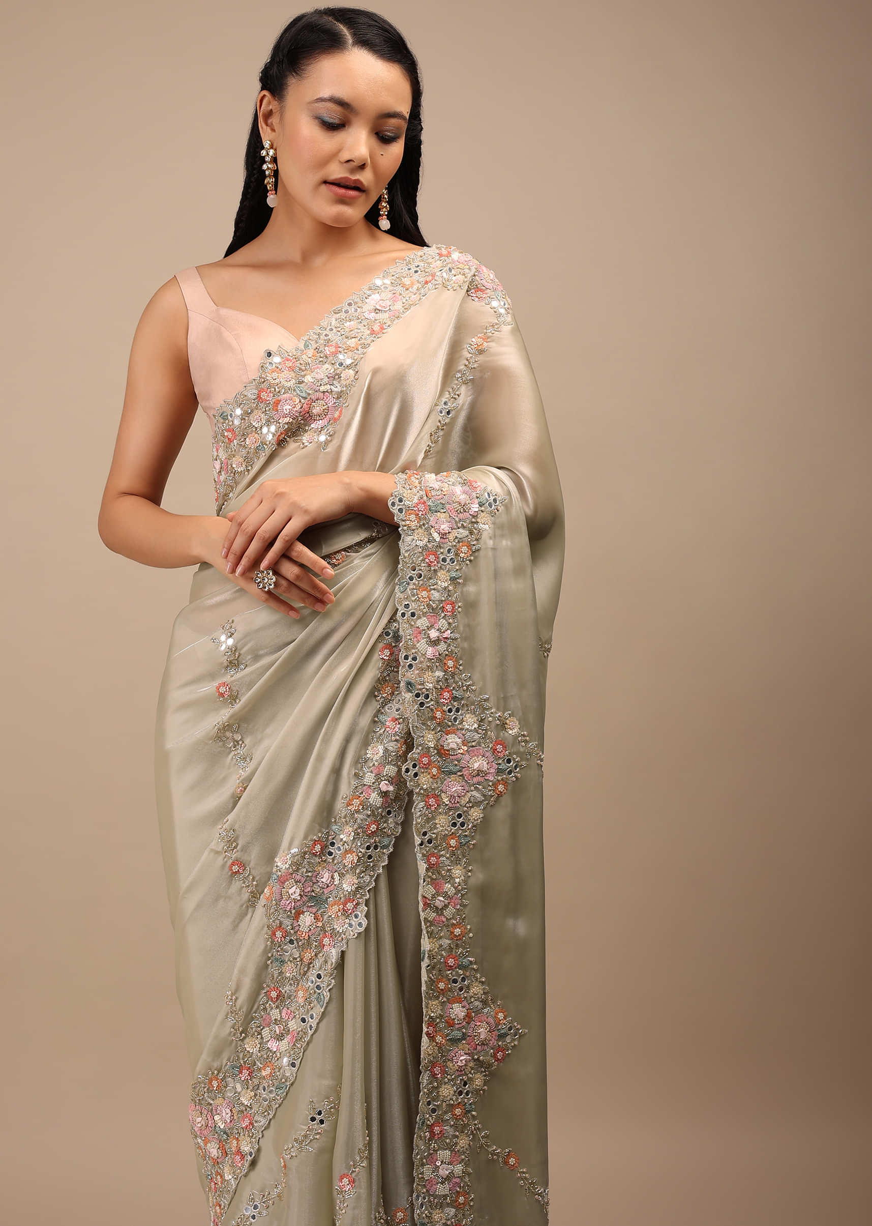 Eucalyptus Grey Glass Silk Saree In 3D Floral Motifs On The Border, Embroidered Border In Multi-Color Sequins And Lace