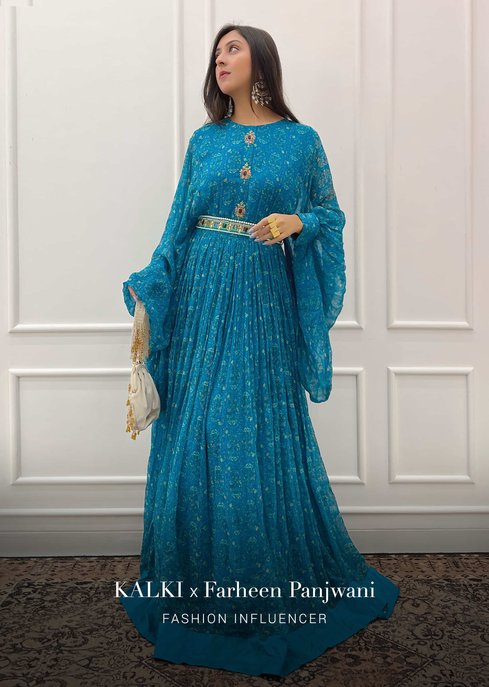 Teal blue Maxi Dress In Georgette With Bandhani Print And Bishop Sleeves  