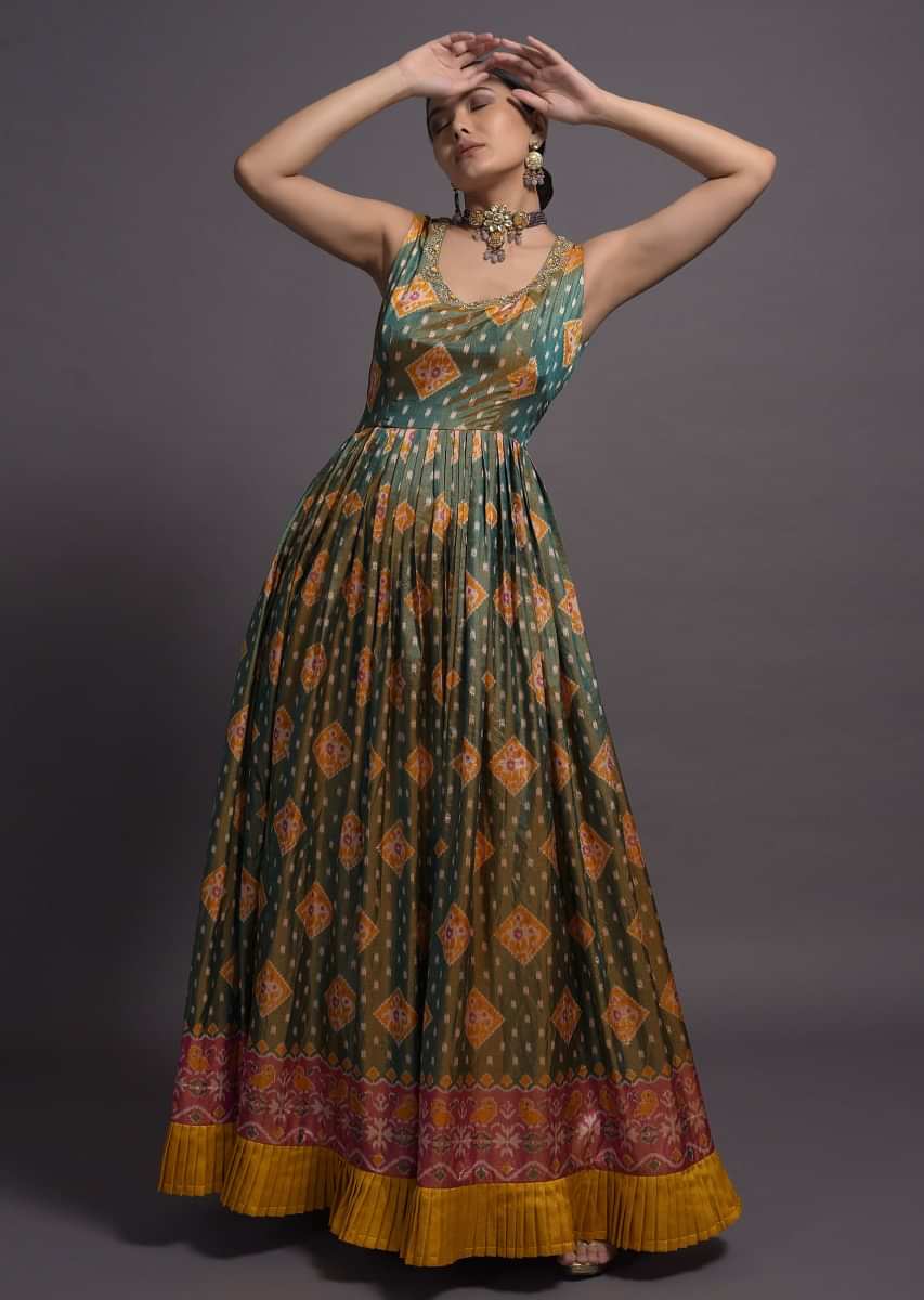 Fern Green Anarkali Suit In Silk With Patola Print And Contrasting Mustard Dupatta 