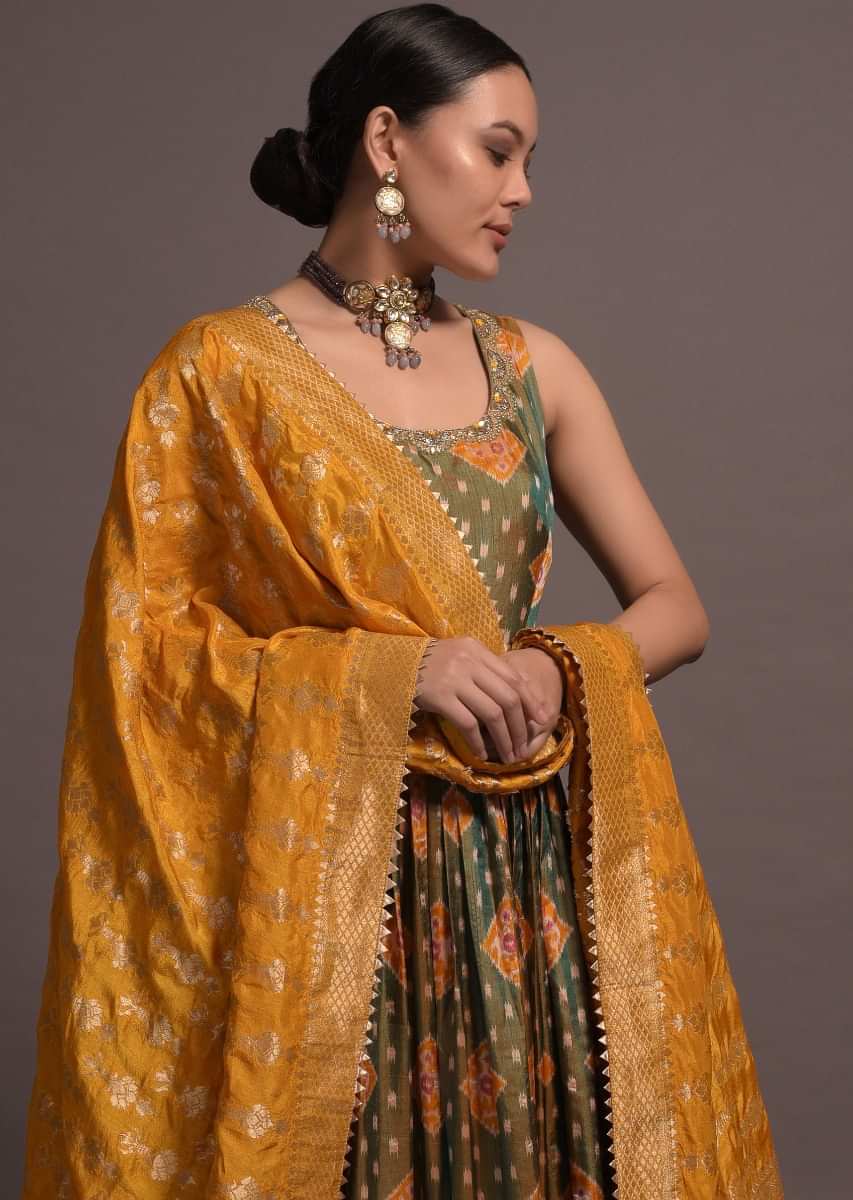 Fern Green Anarkali Suit In Silk With Patola Print And Contrasting Mustard Dupatta 