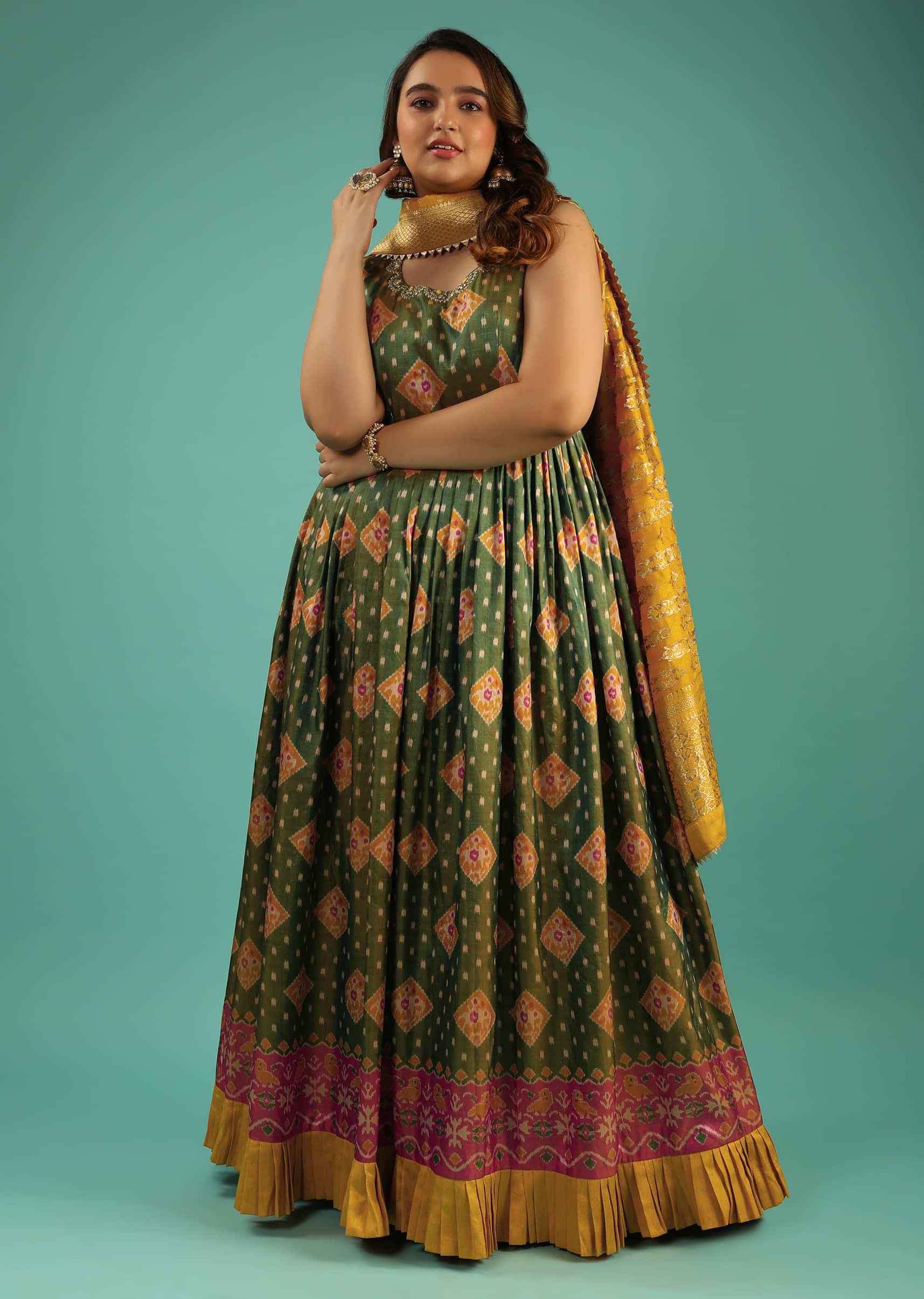 Fern Green Silk Anarkali with Patola Pattern and Contrasting Mustard Dupatta