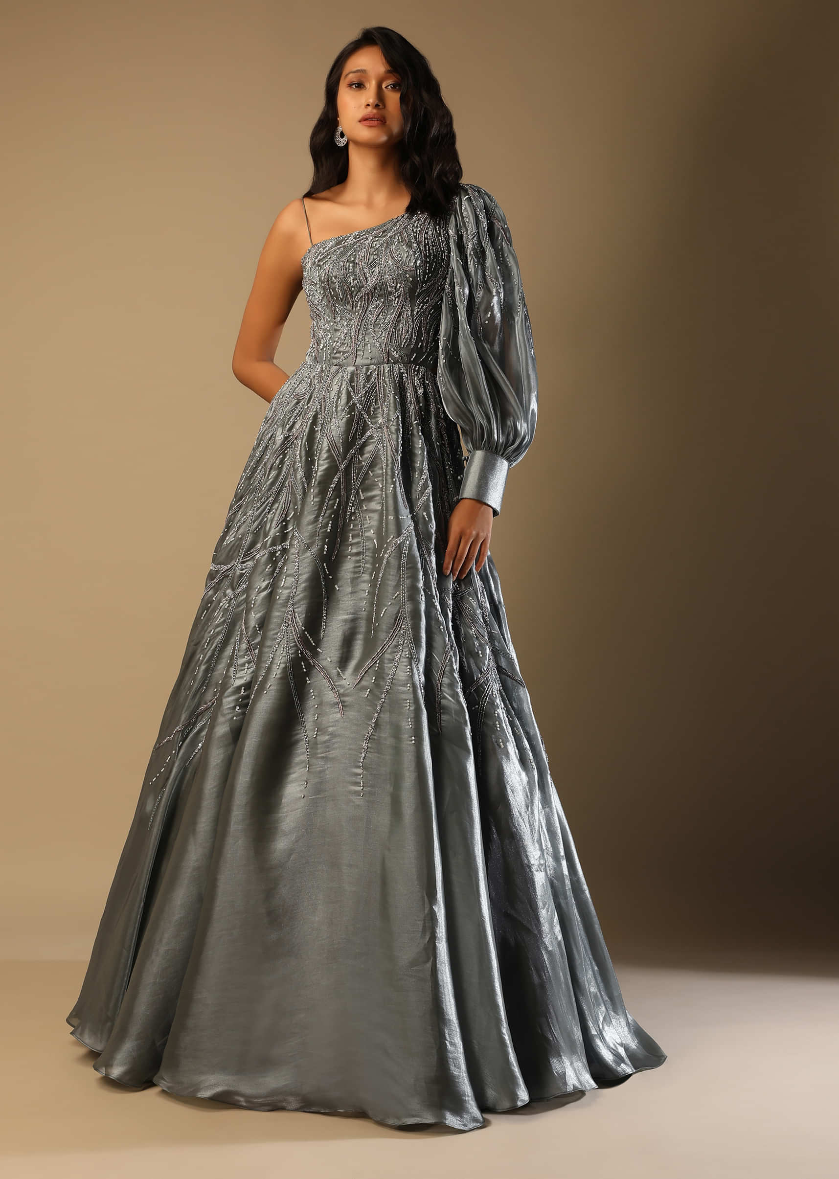 Fern Green Gown In Organza With One Side Bishop Sleeve And Hand Embroidered Modern Vine Motifs  