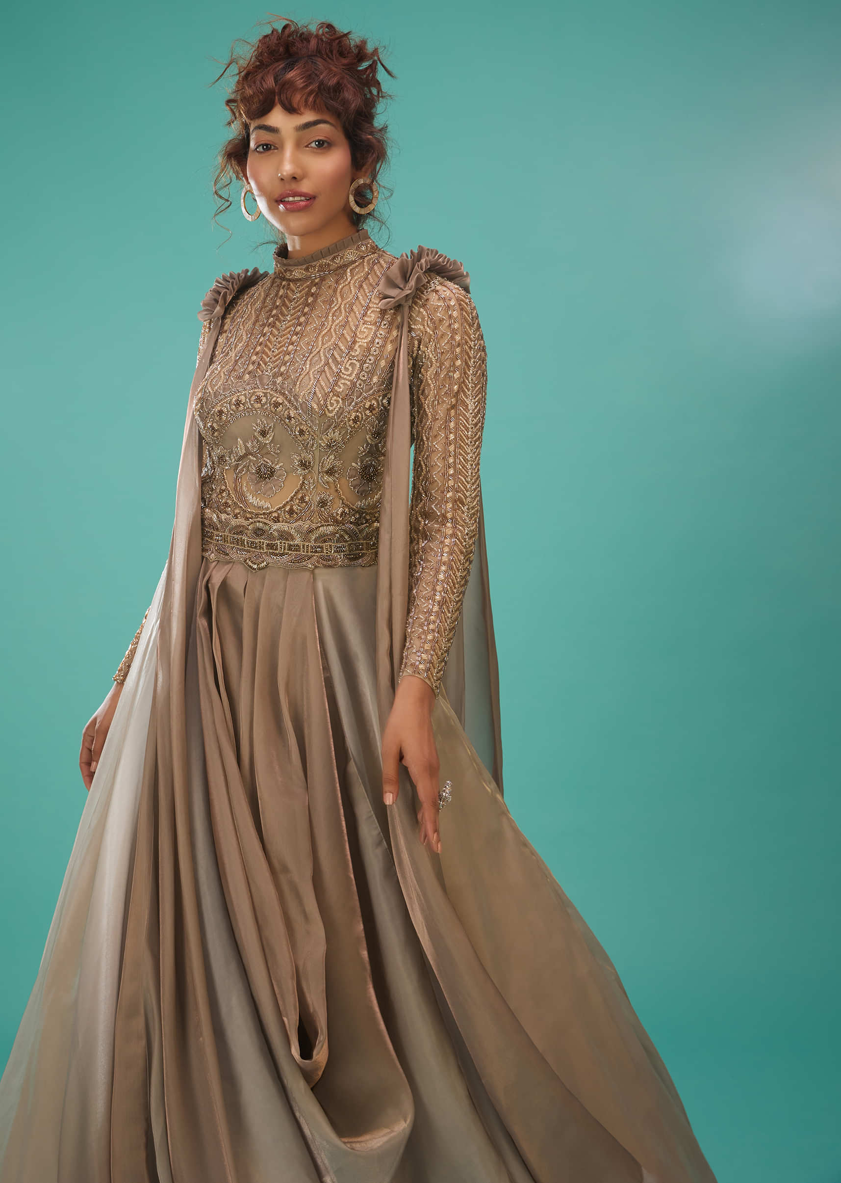 Mocha Brown Embroidered Ball Gown In Organza With A Gradient Shade Of Silver Lining