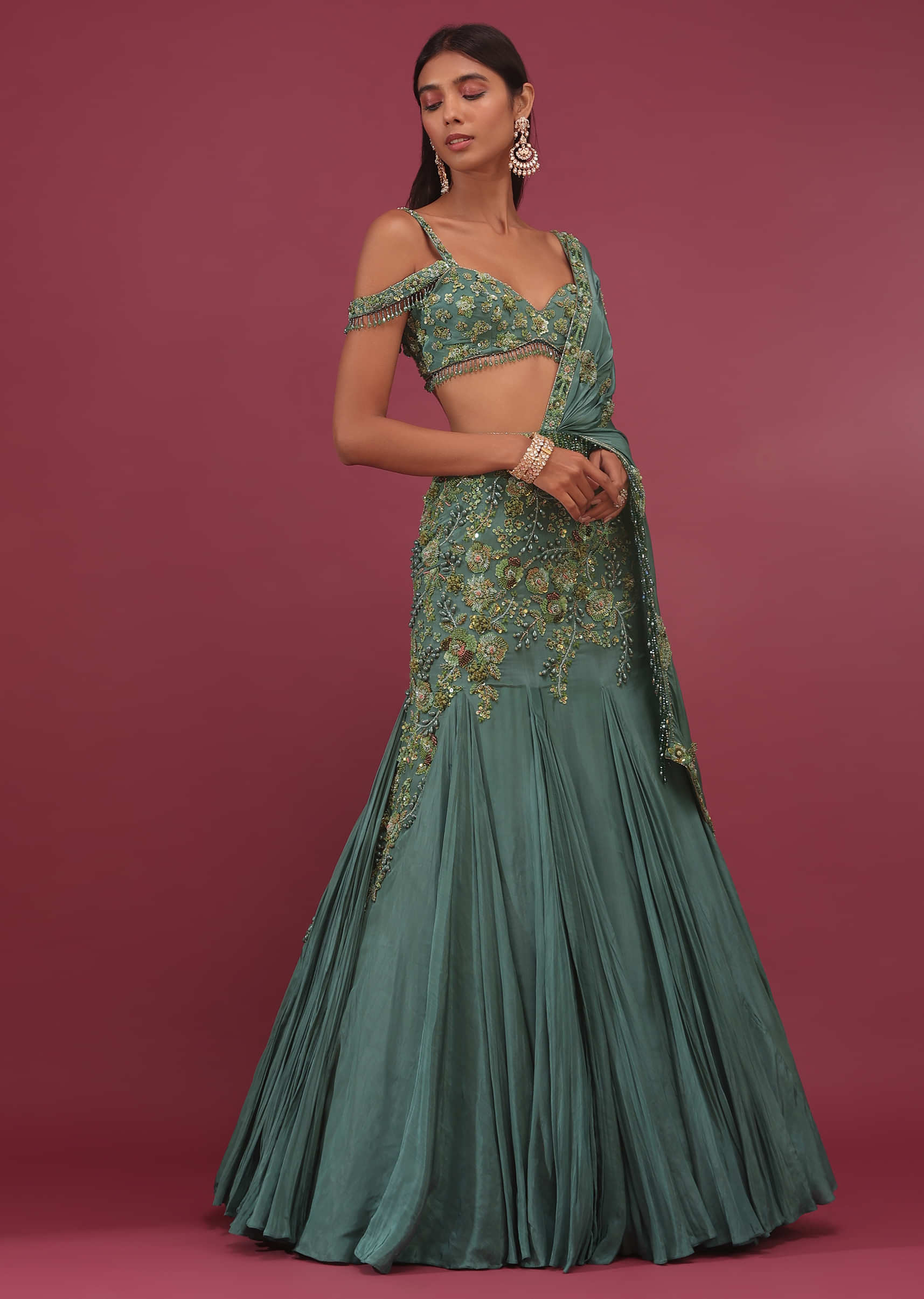 Mint Blue Pure Crepe Pleated Lehenga Set With Attached Dupatta - NOOR 2022