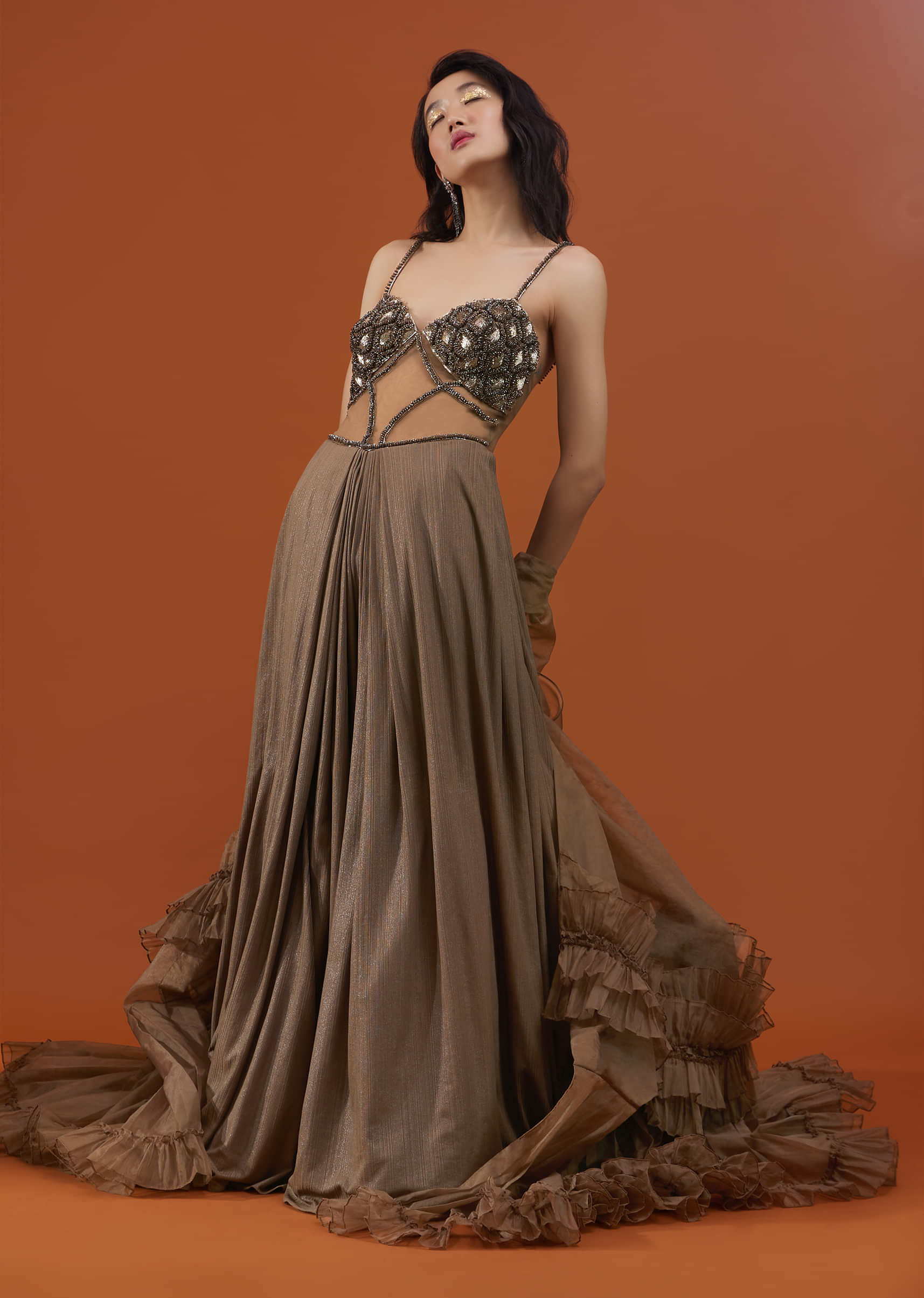 Festive Lycra Jumpsuit in Coffee Brown with Organza Frill Shrug and Pleated Cowl Skirt - NOOR 2022