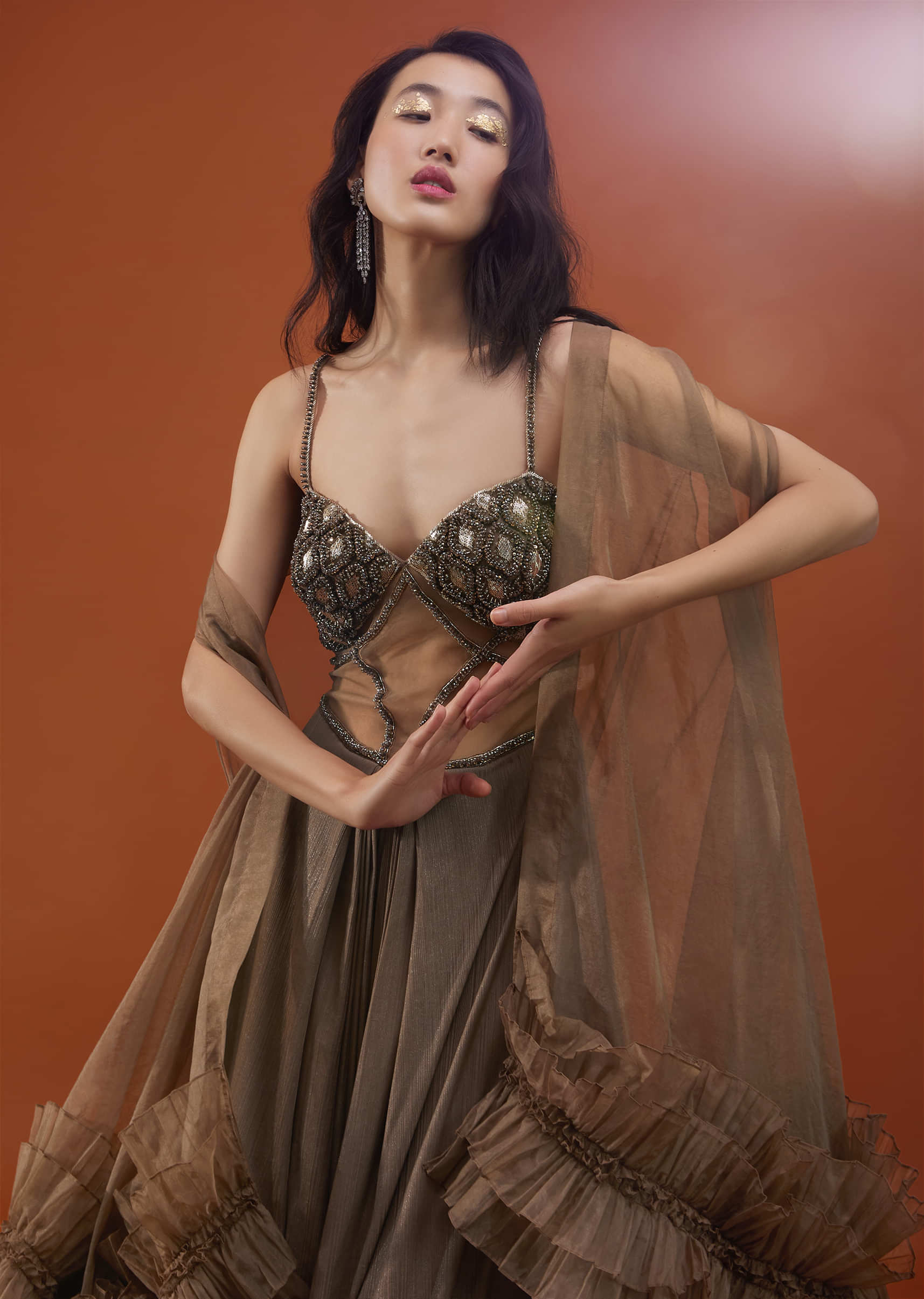 Festive Lycra Jumpsuit in Coffee Brown with Organza Frill Shrug and Pleated Cowl Skirt - NOOR 2022