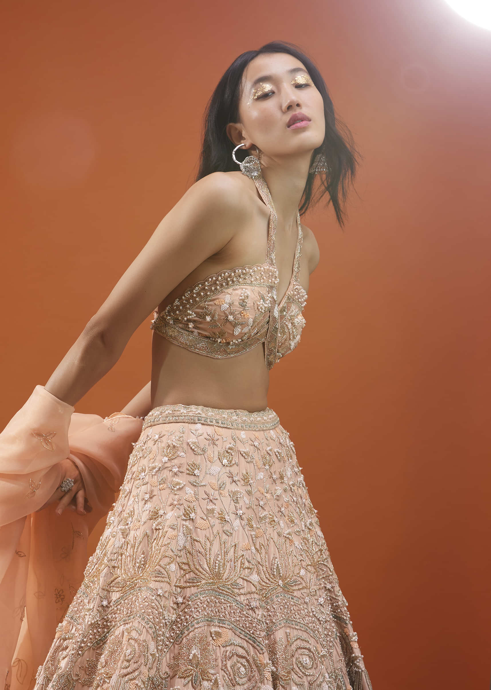 Powder Pink Festive Silver Pink Bela Lehenga Set In Embroidery And Halter Blouse - NOOR 2022