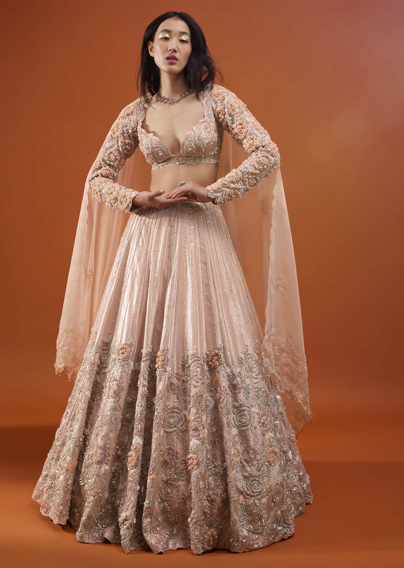 Candy Pink Festive Silver Pink Peony Lehenga Set In Organza With 3D Floral Embroidery - NOOR 2022