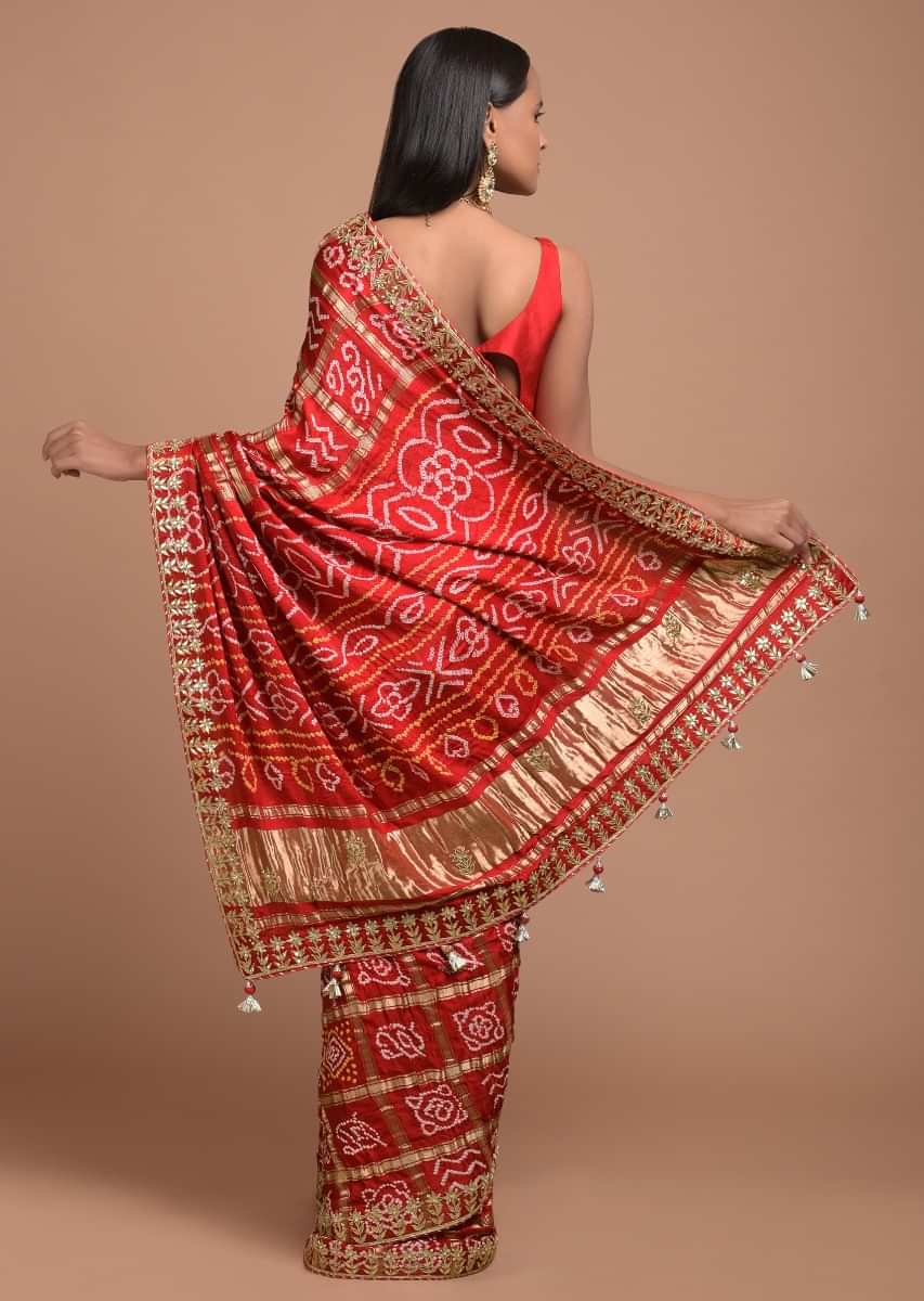 Fiery Red Saree In Cotton With Bandhani All Over And Woven Zari Checks