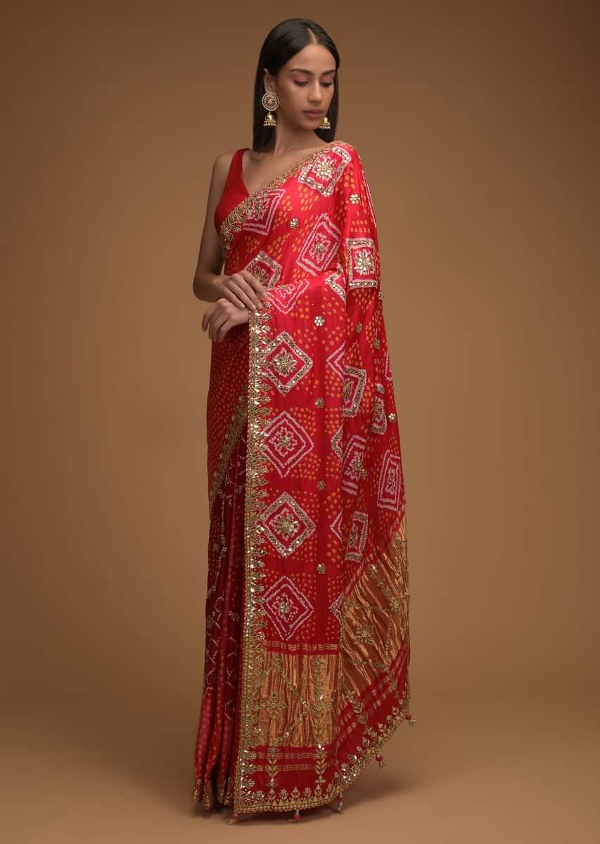 Fiery Red Saree With Bandhani Print And Gotta Work Along With Unstitched Blouse
