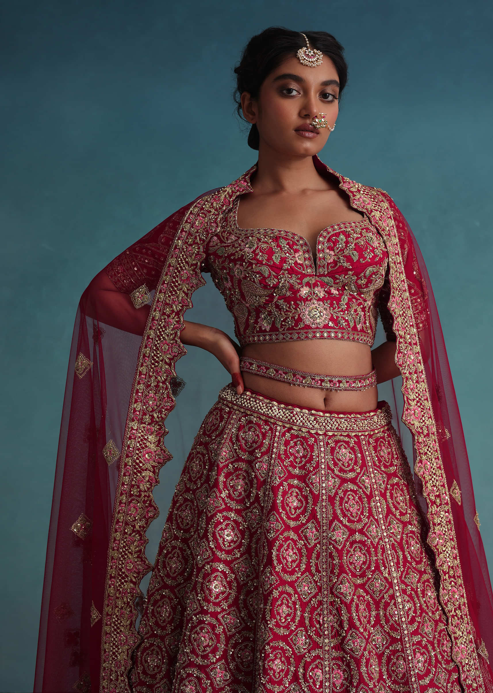 Fiery Red Embroidered Bridal Lehenga In Raw Silk With Hand Embroidery