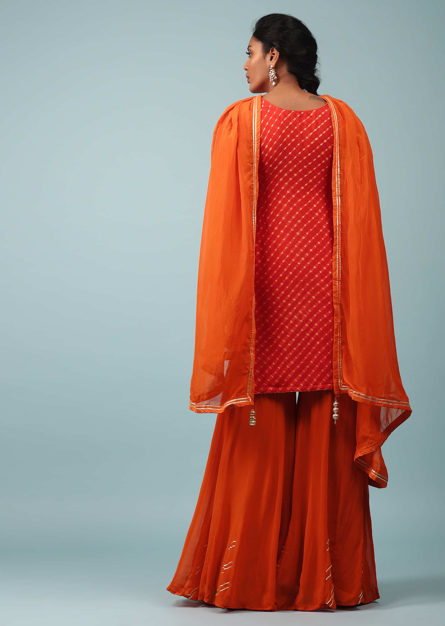 Fiesta Orange Embroidered Palazzo Suit With Leheriya Print In Georgette