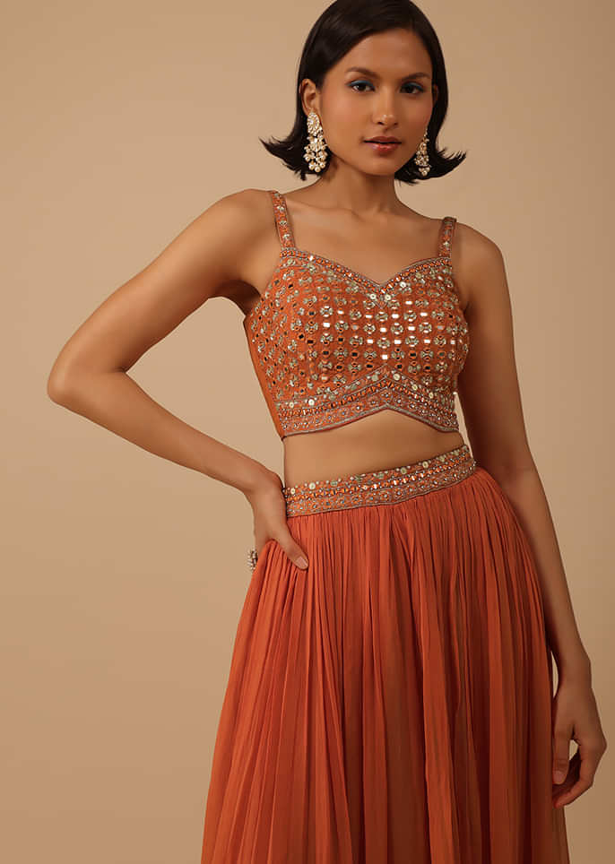 Fire Orange Palazzo Suit In Georgette With Mirror And Sequins Embroidery