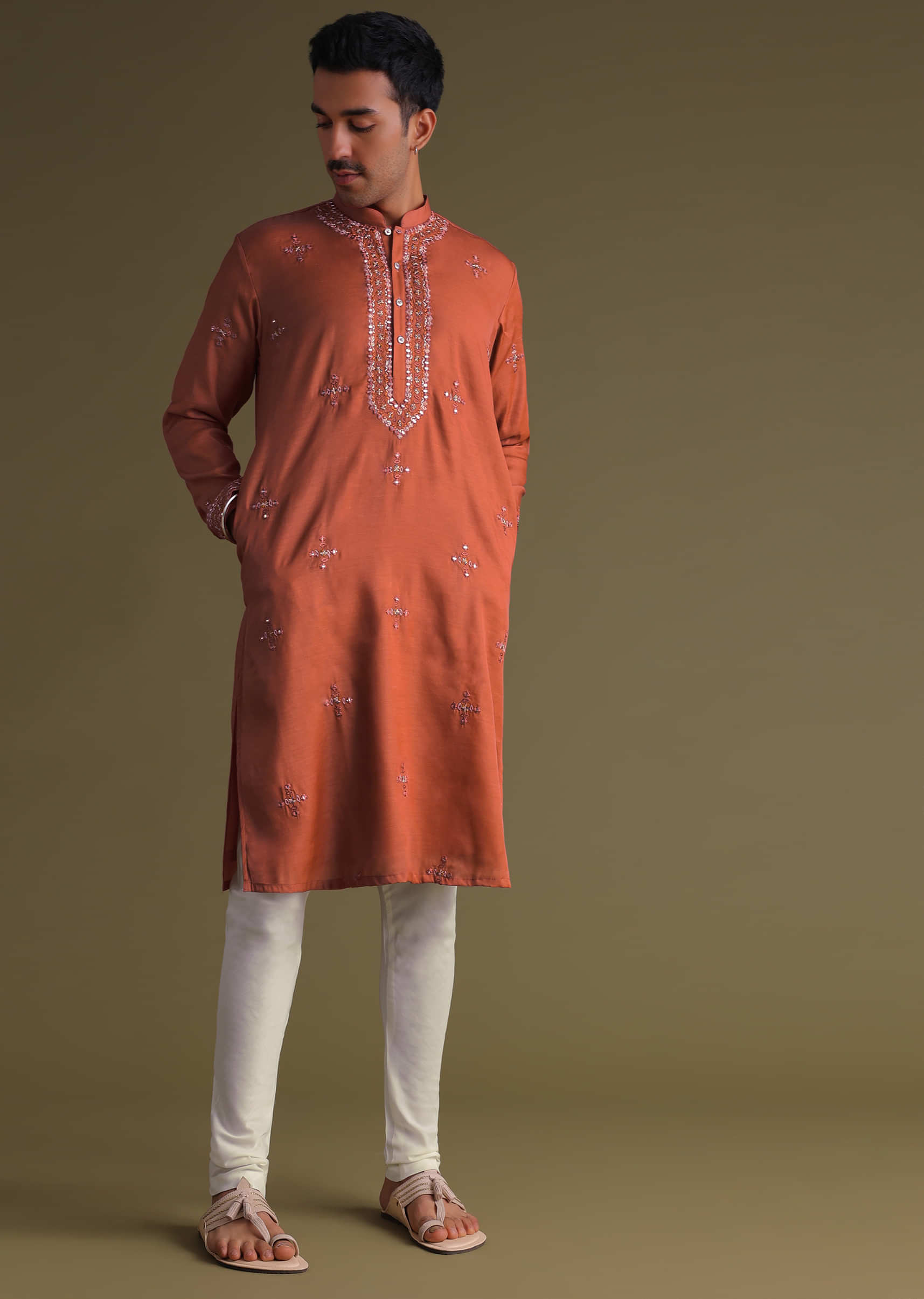 Fire Orange Silk Kurta Set With Mirror Embroidery
