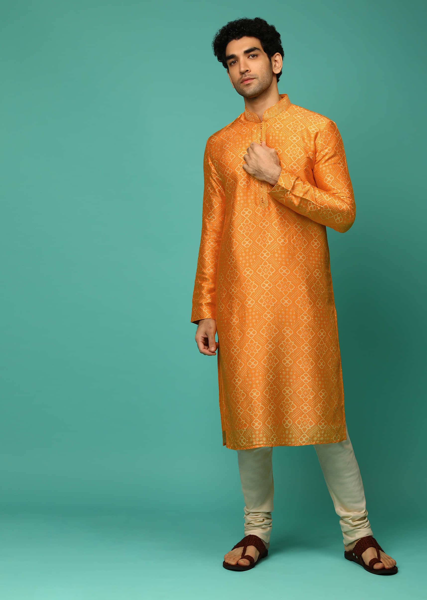 Fire Yellow Kurta Set In Raw Silk With Bandhani Printed Jaal  