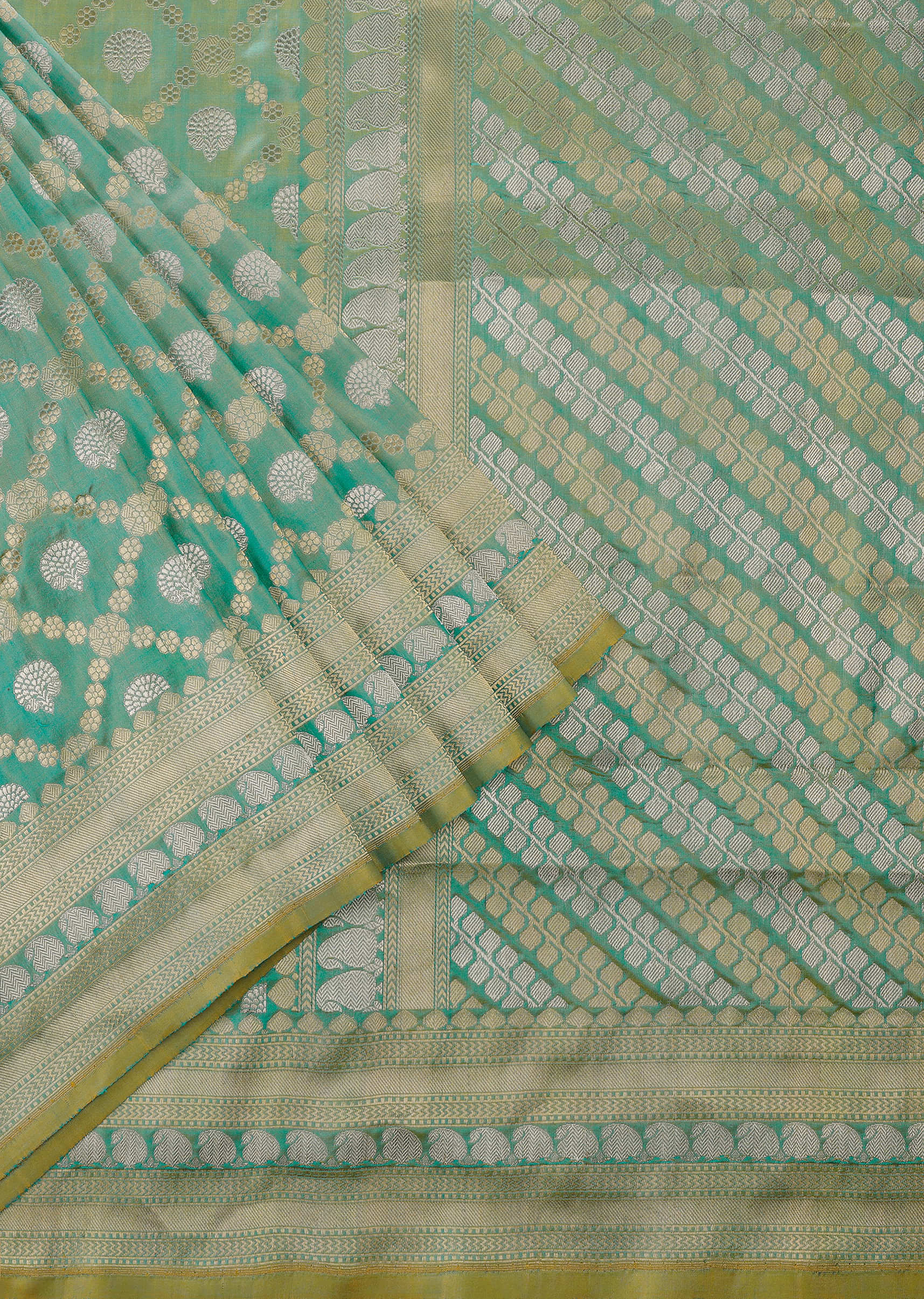 Firozi Blue Handloom Banarasi Saree In Uppada Silk With Gold And Silver Weave