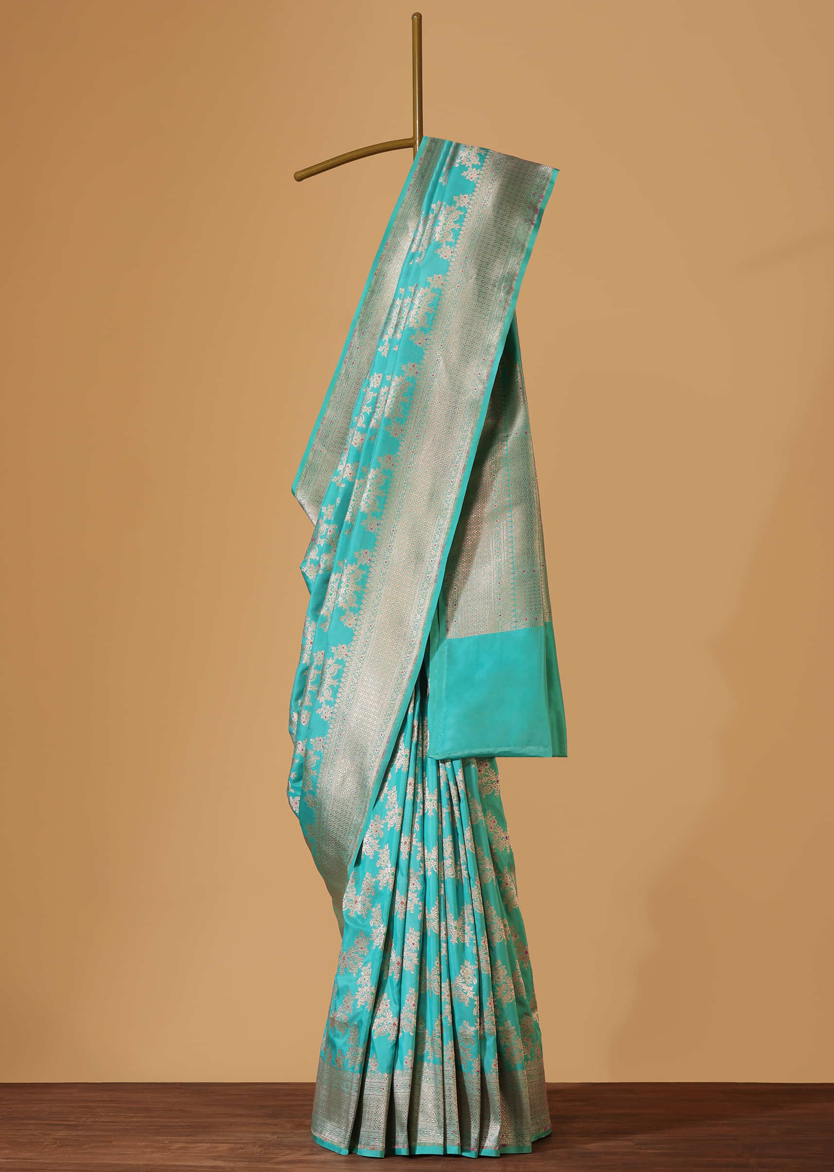 Firozi Blue Handloom Banarasi Saree In Uppada Silk With Gold Weave And Meenakari Buttis