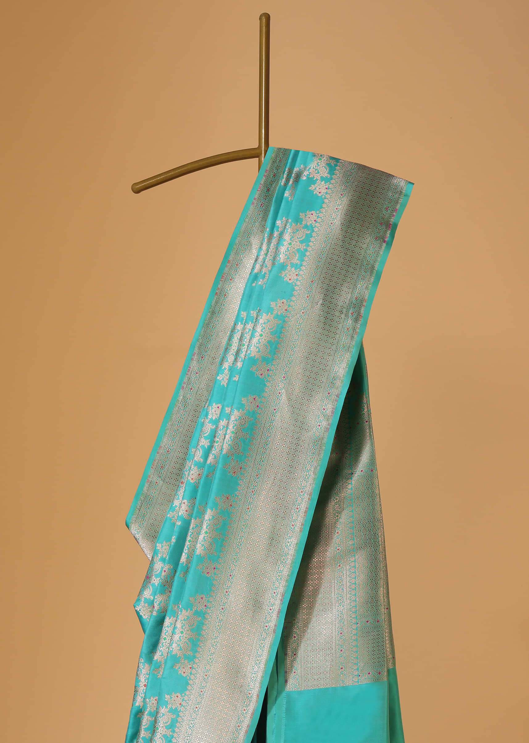 Firozi Blue Handloom Banarasi Saree In Uppada Silk With Gold Weave And Meenakari Buttis