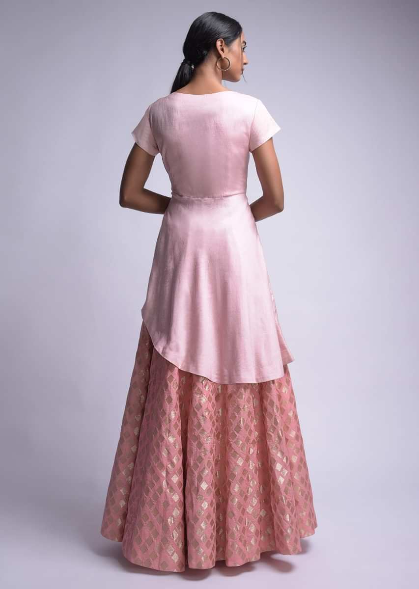 Flamingo Pink Lehenga And Pastel Pink Top With Brocade Buttis And Floral Embroidery Online - Kalki Fashion