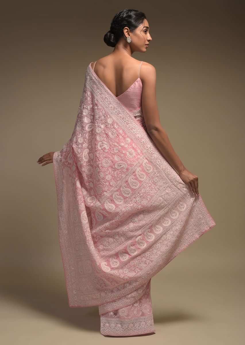 Flamingo Pink Saree In Georgette Adorned With Lucknowi Thread Embroidery In Paisley Jaal