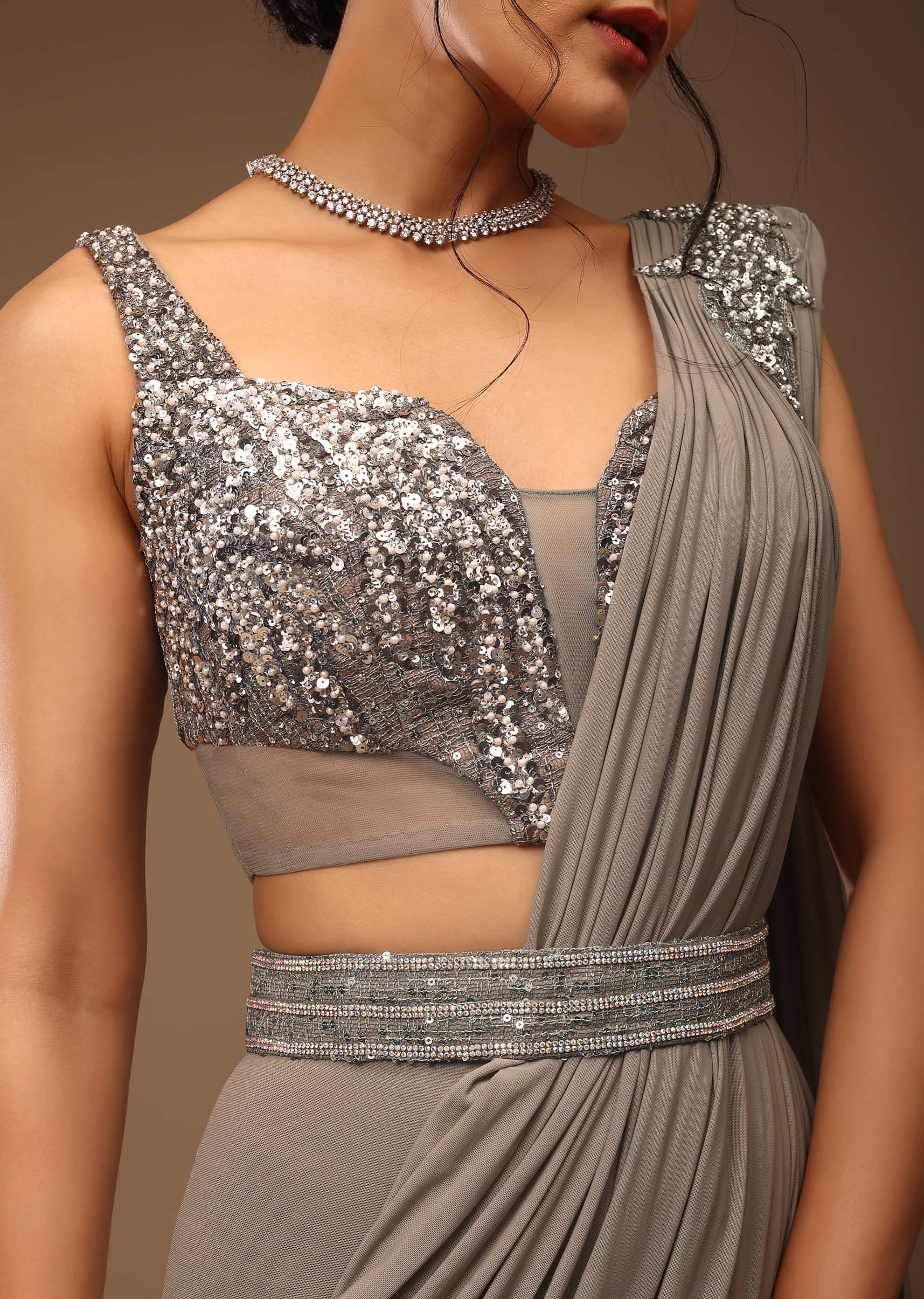 Flint Grey Ready-Pleated Saree With A Crop Top Embellished In Sequins With A Corset Neckline