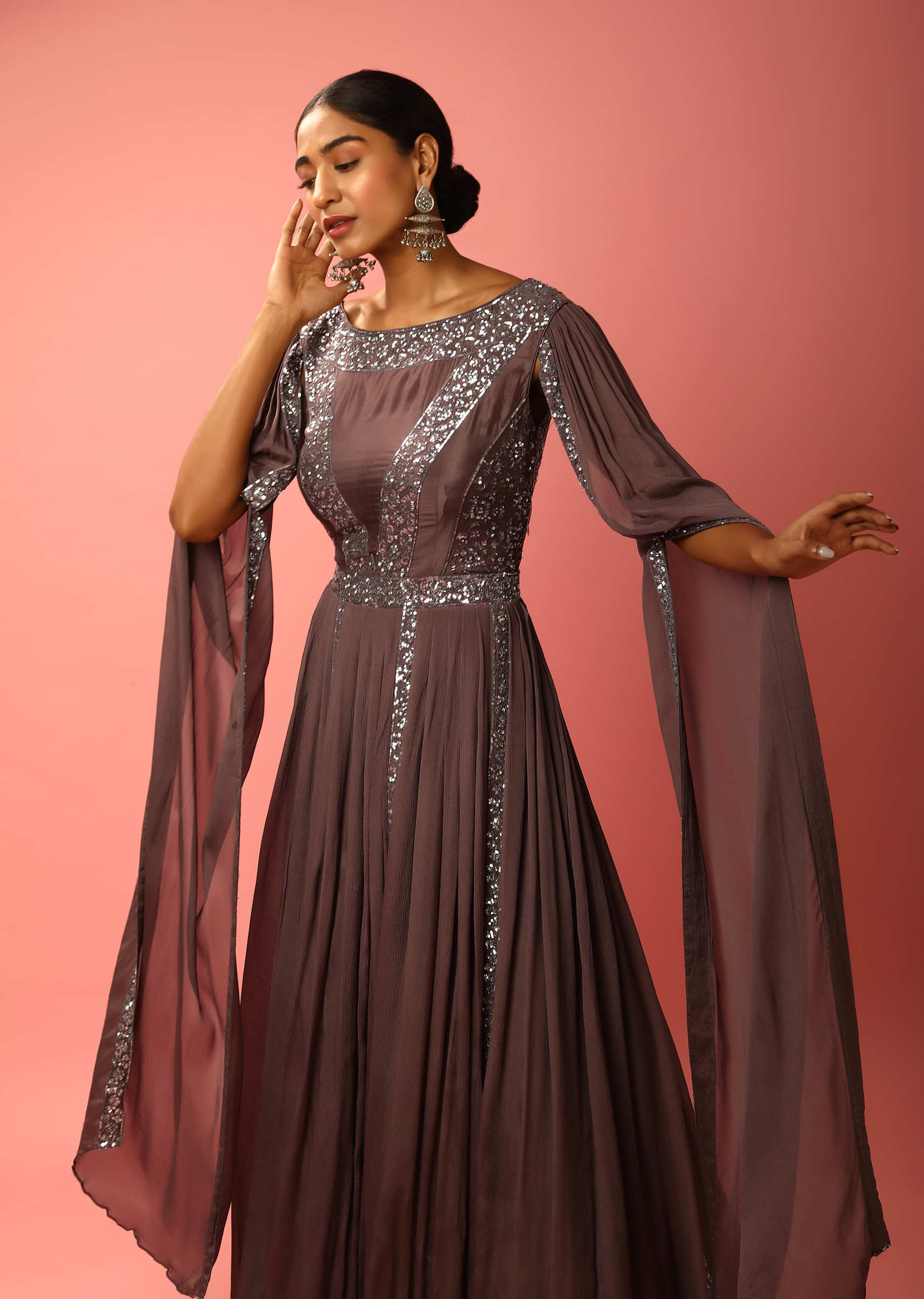 Flint Purple Indowestern Gown With Sequins Embroidery And Extended Sleeves