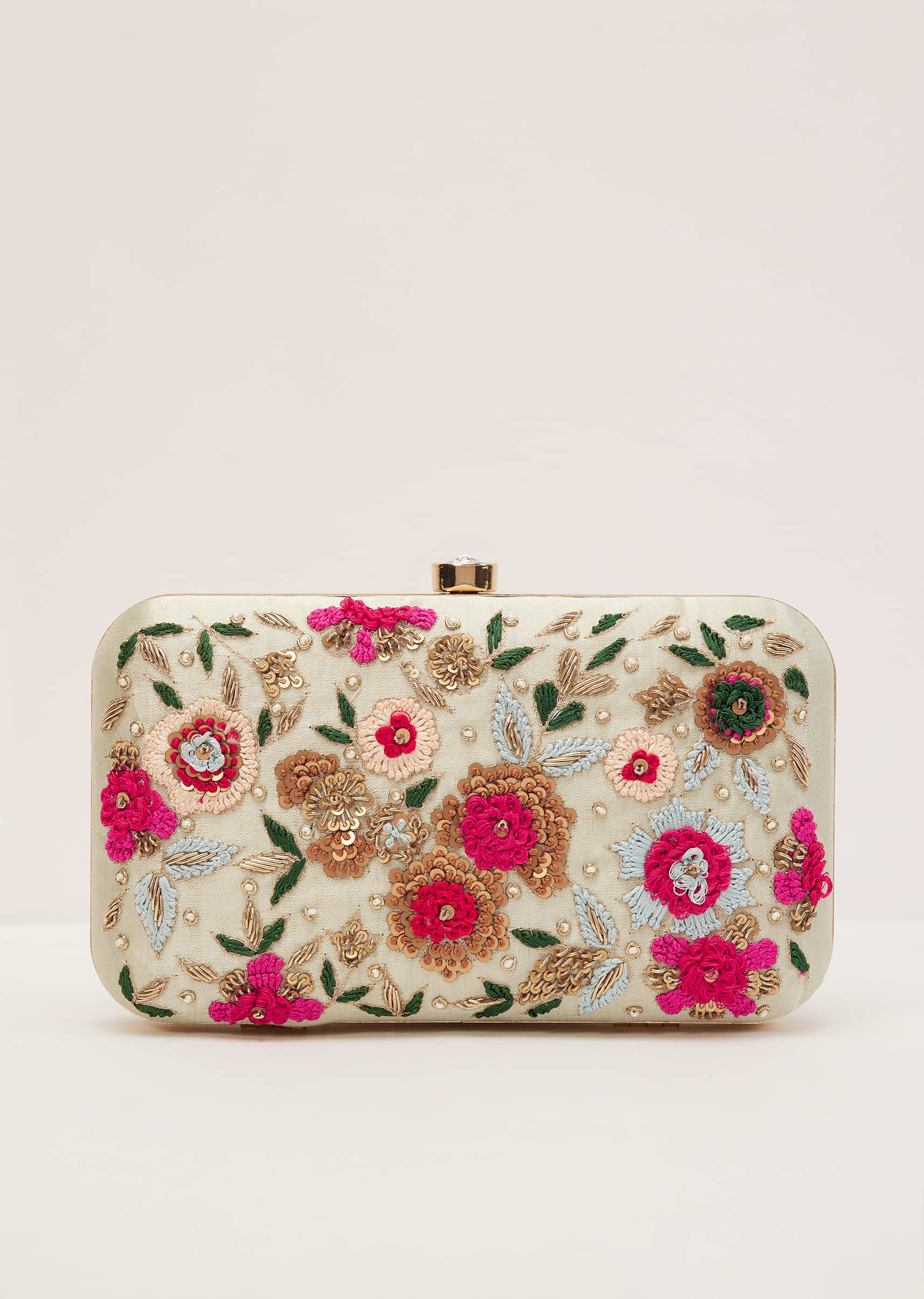 Floral Embroidered Clutch With Powder Green Silk Base