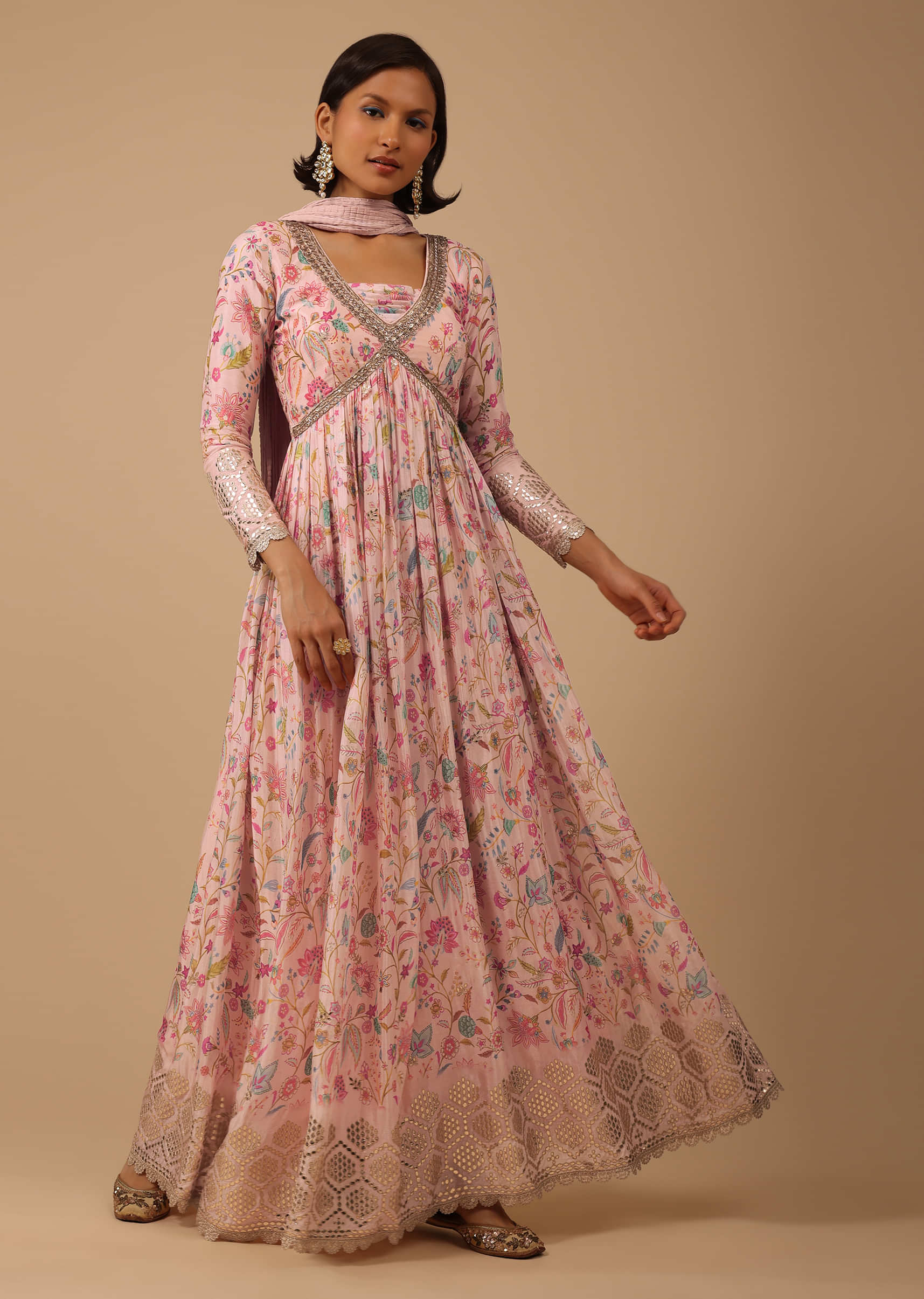 Floral Printed Powder Pink Anarkali Suit Set In Chinon With Gotta Work