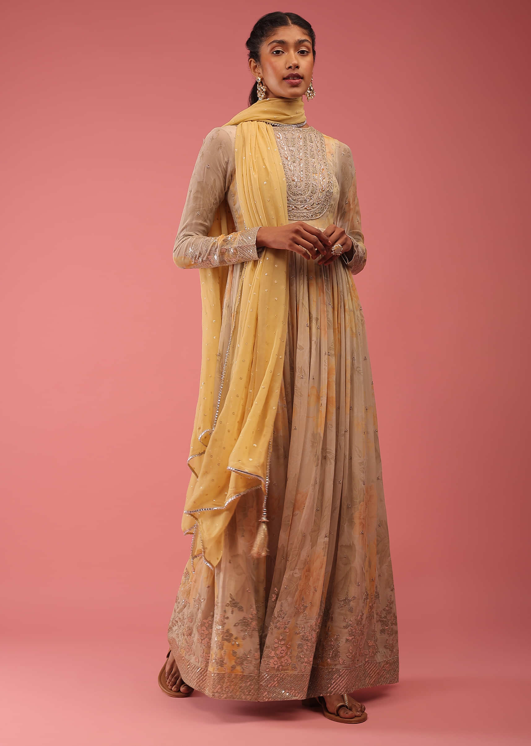 Daffodil Yellow Anarkali Suit With Sequin Embroidery And A Multicolor Floral Print