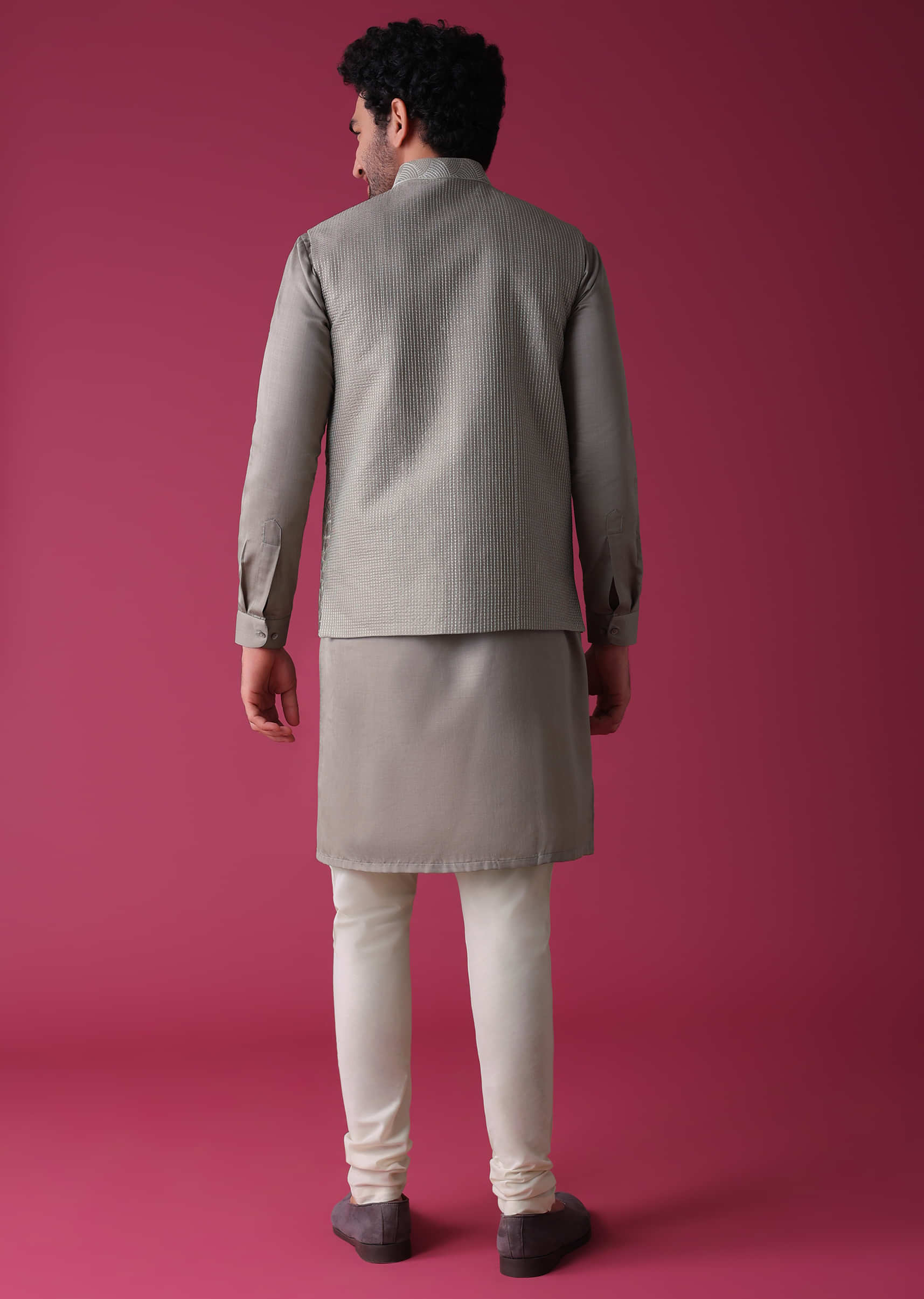 Fog Grey Jacket Kurta Set In Art Silk With Threadwork