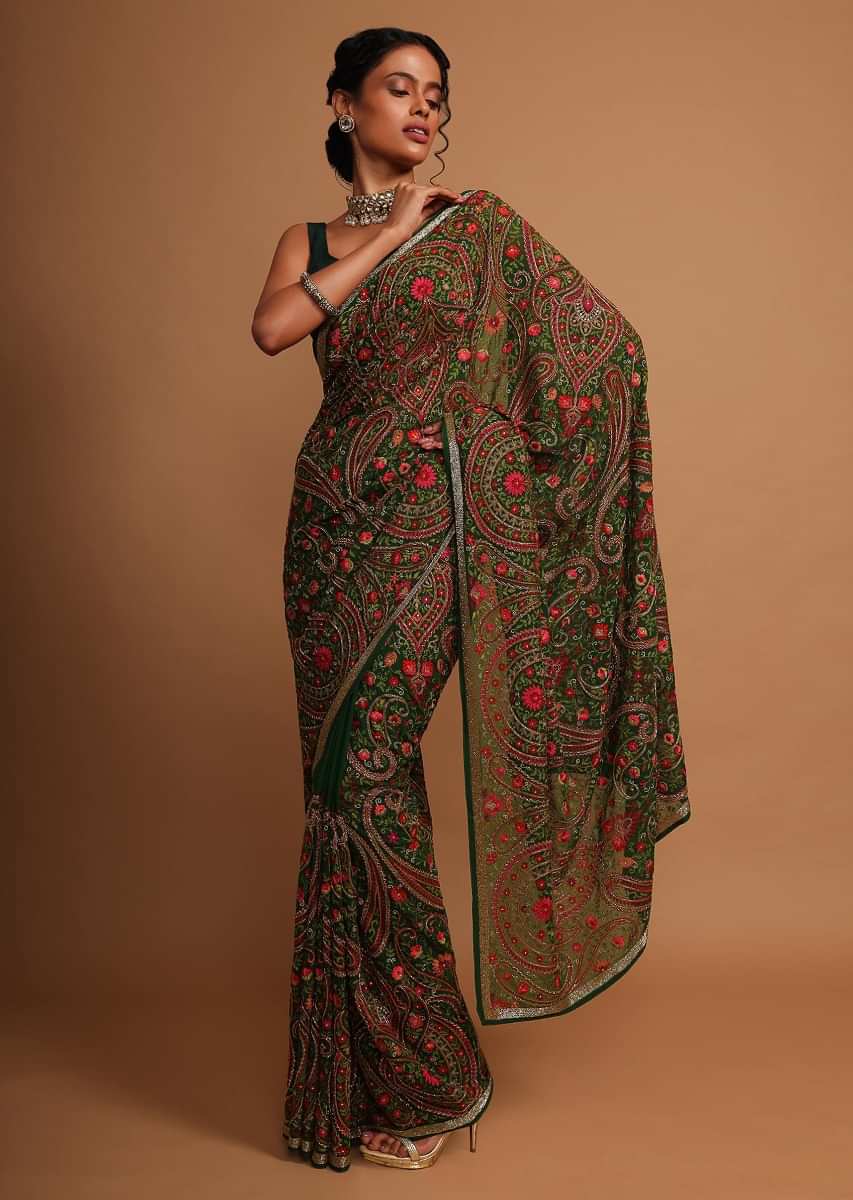 Forest green georgette saree with floral jaal embroidery