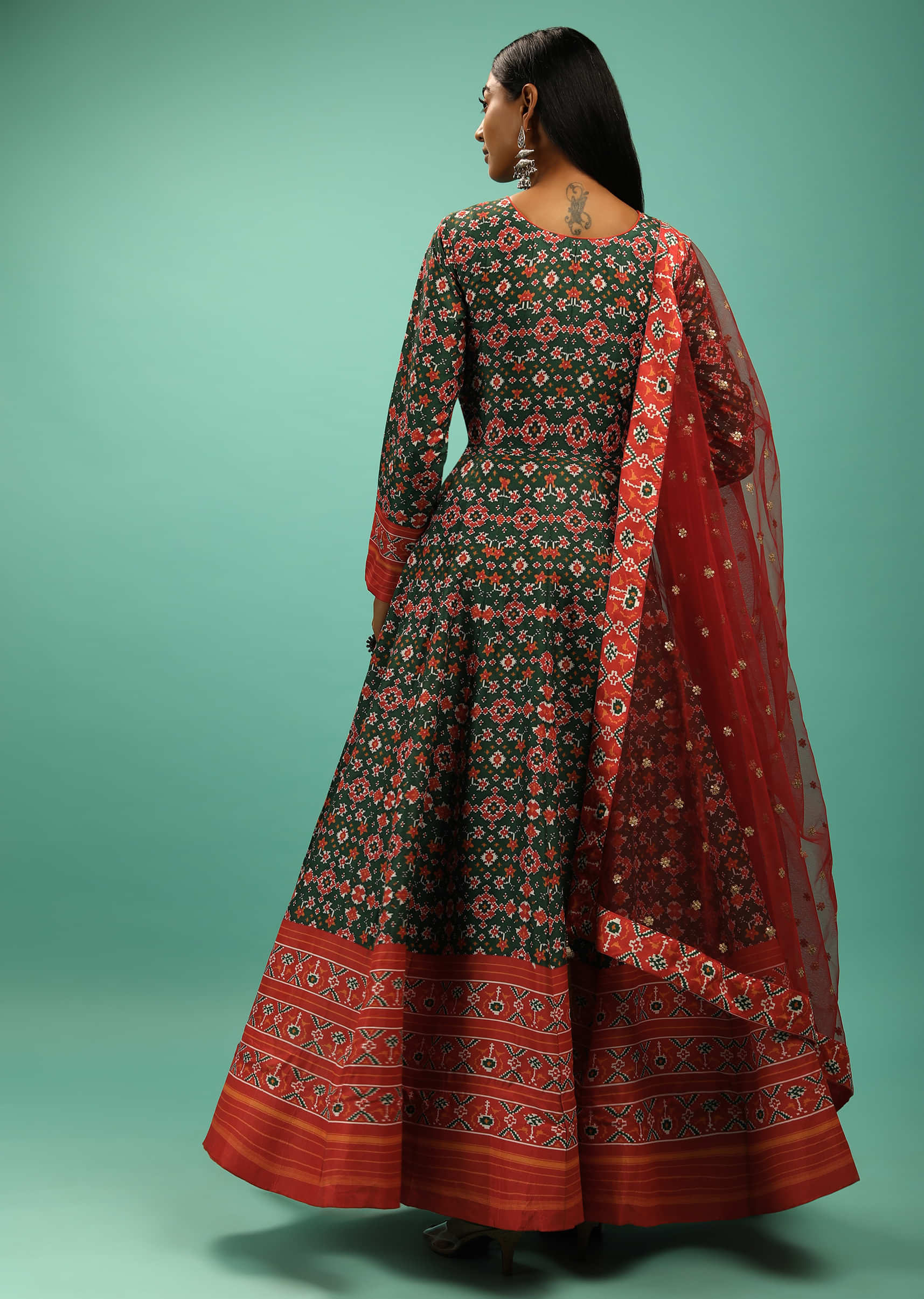 Forest Green Anarkali Suit With Multi Colored Patola Print And Zardosi Embroidery  