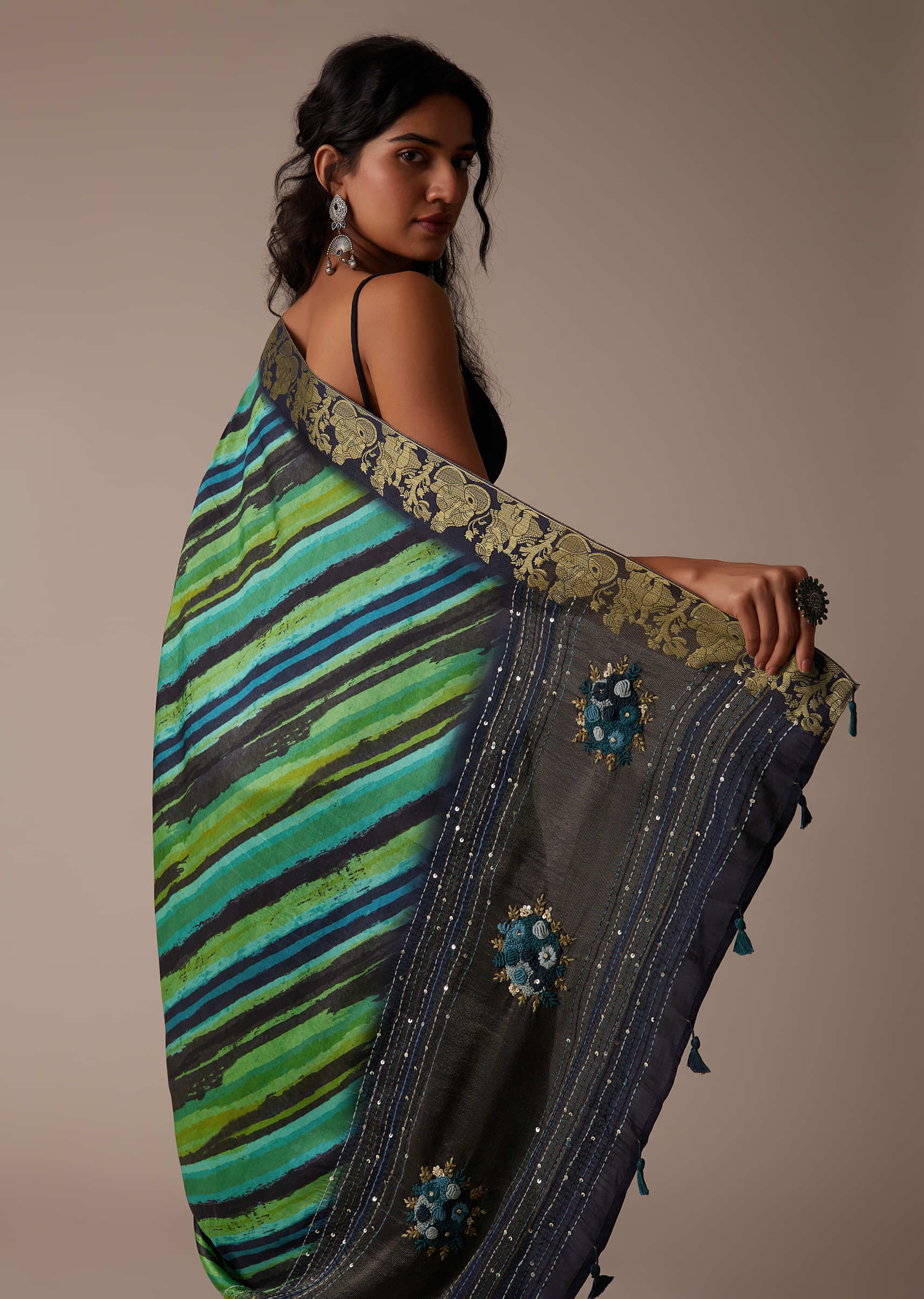 Forest Green Saree In Tussar With Block Print And Zari Work