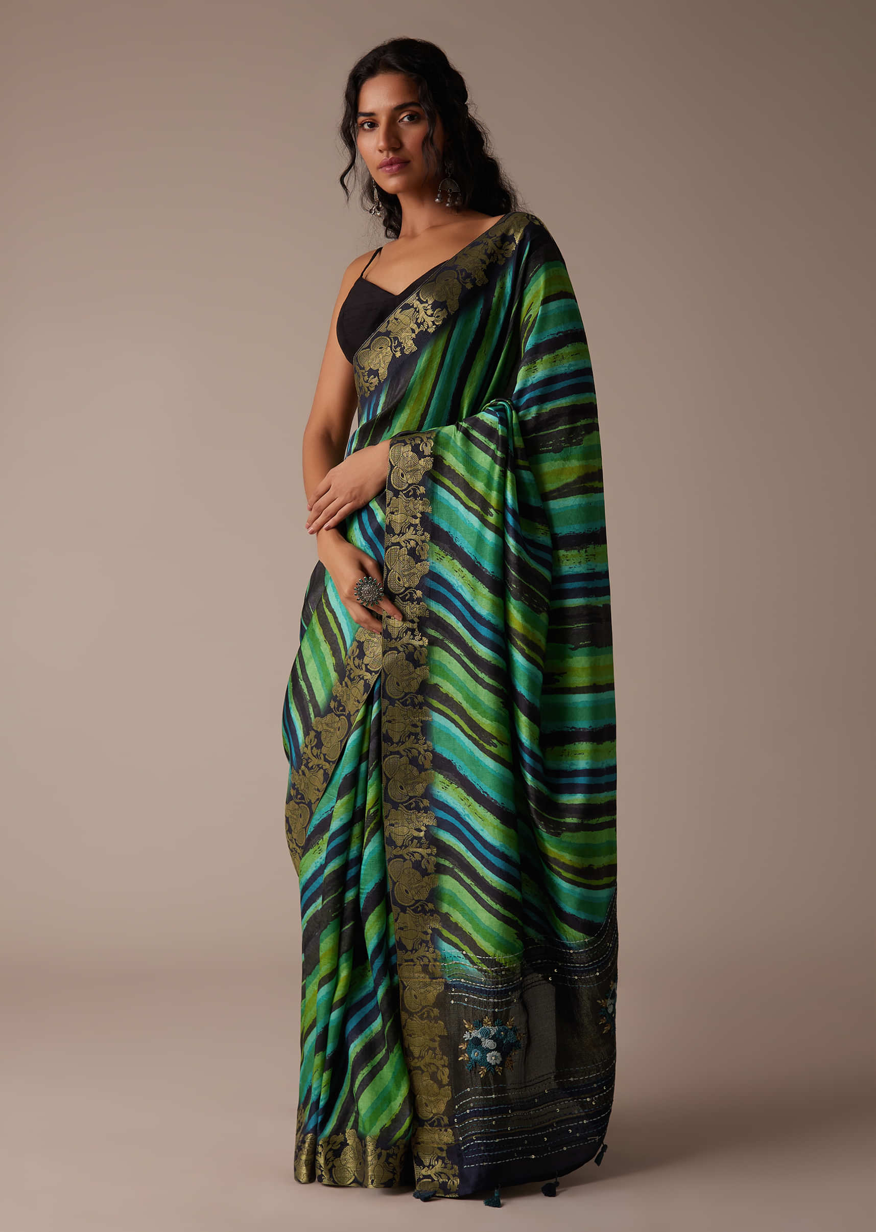 Forest Green Saree In Tussar With Block Print And Zari Work