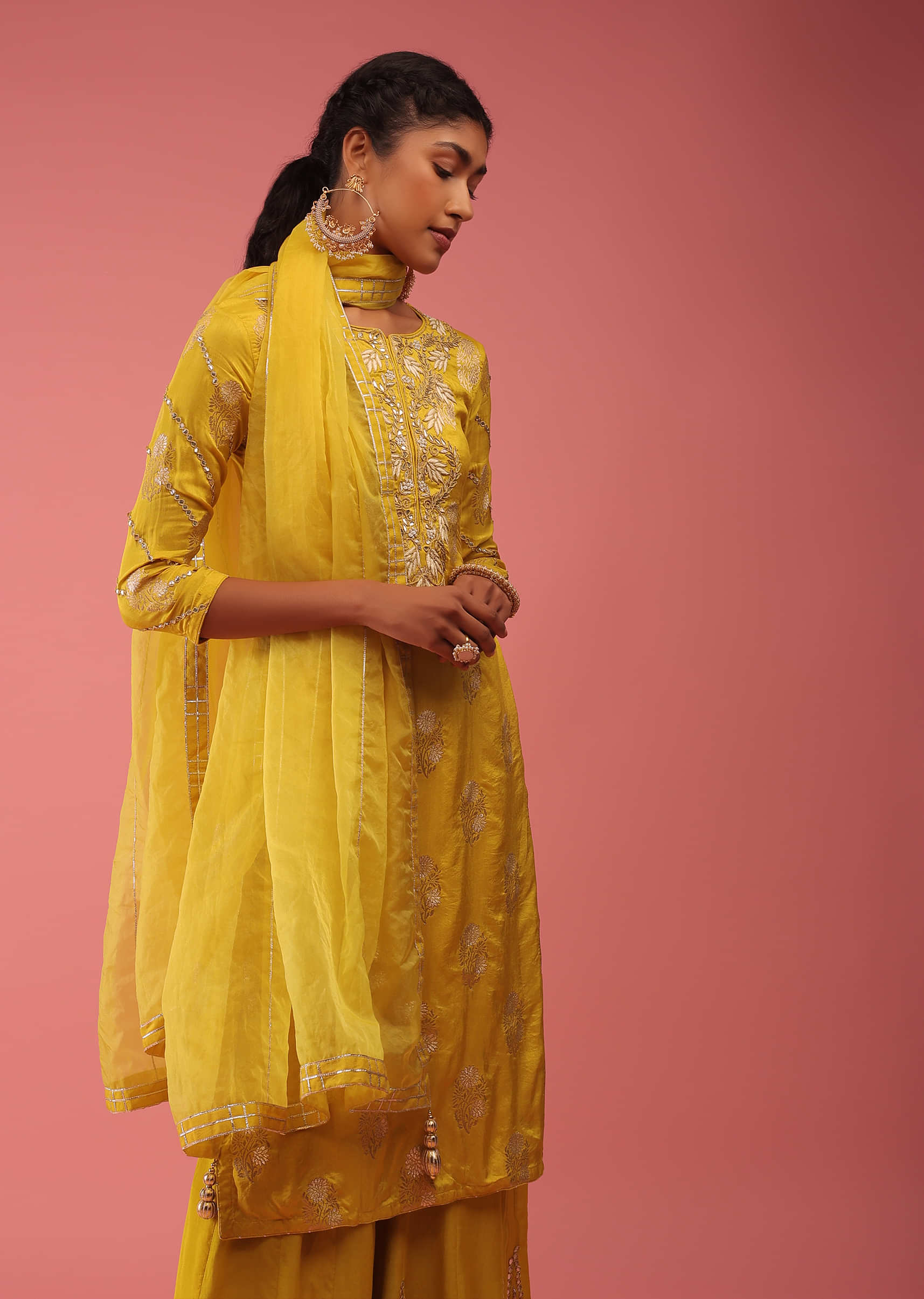 Freesia Yellow Sharara Suit In Golden Zari Embroidery, Crafted In Organza With Embroidery 3/4Th Sleeves