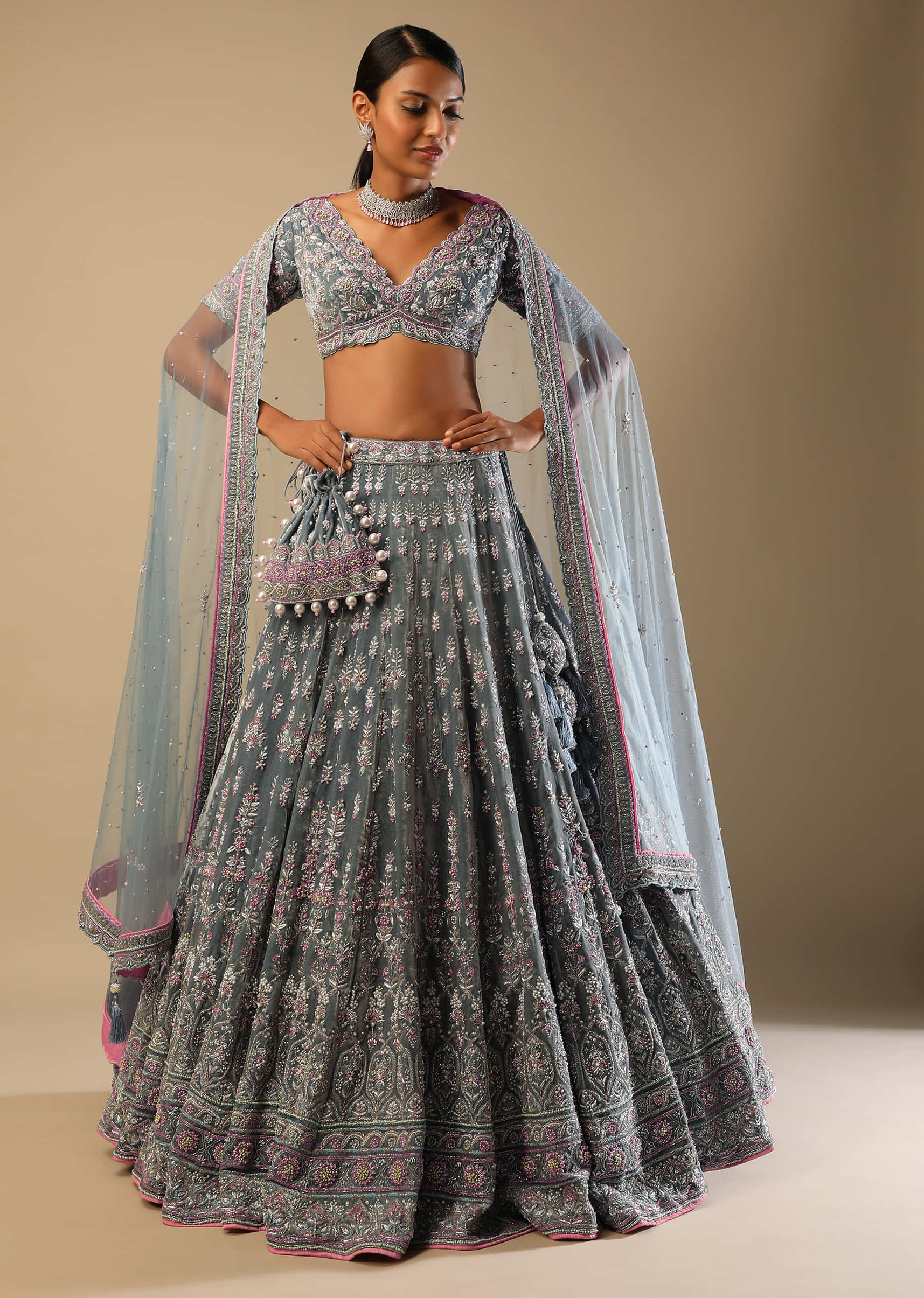 Frost Blue Lehenga Choli With Multi Colored Beads Embroidered Buttis And Mughal Border 