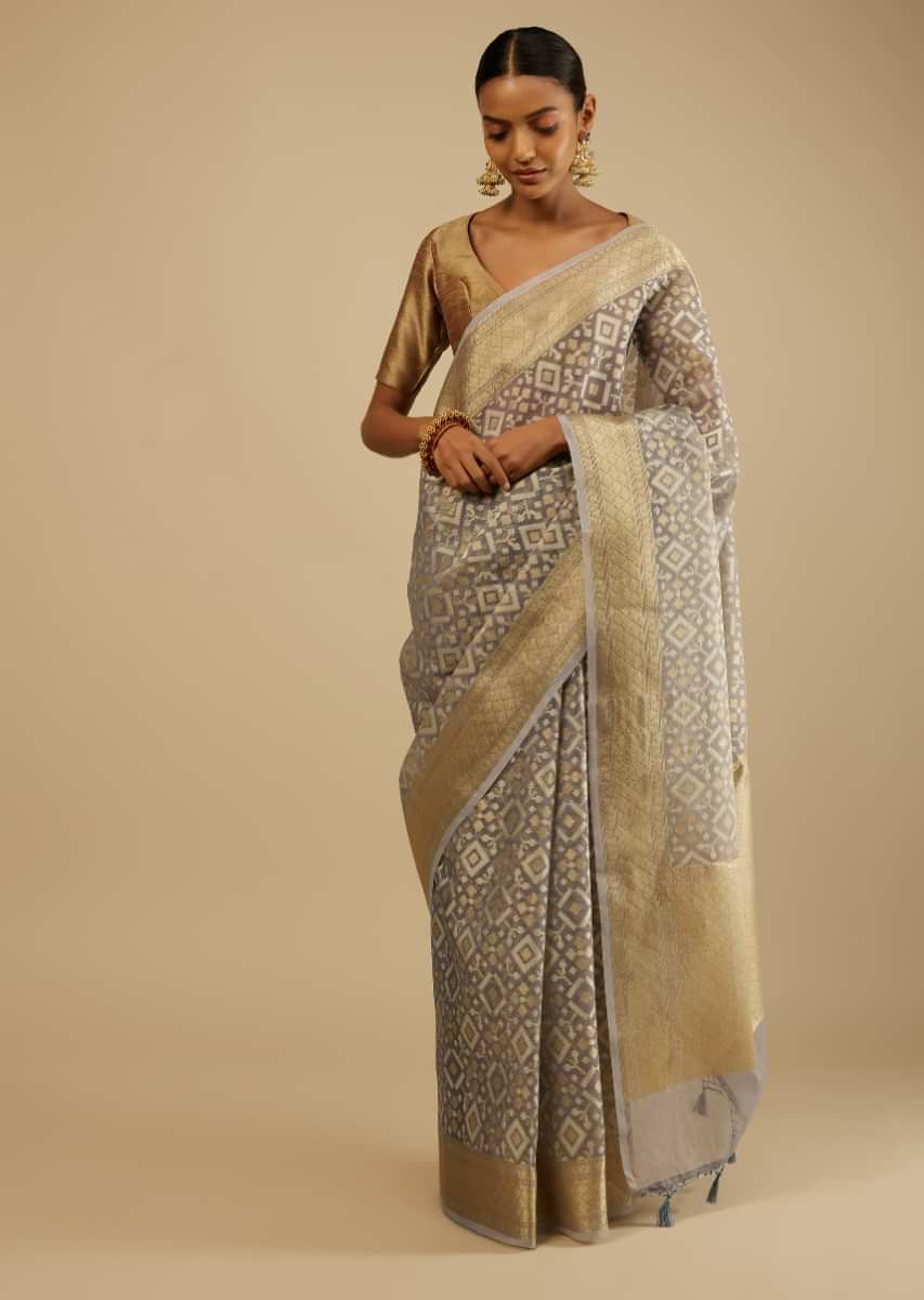 Frost Grey Saree In Organza Silk With Brocade Geometric Jaal In Gold And Silver Threads And Unstitched Blouse  
