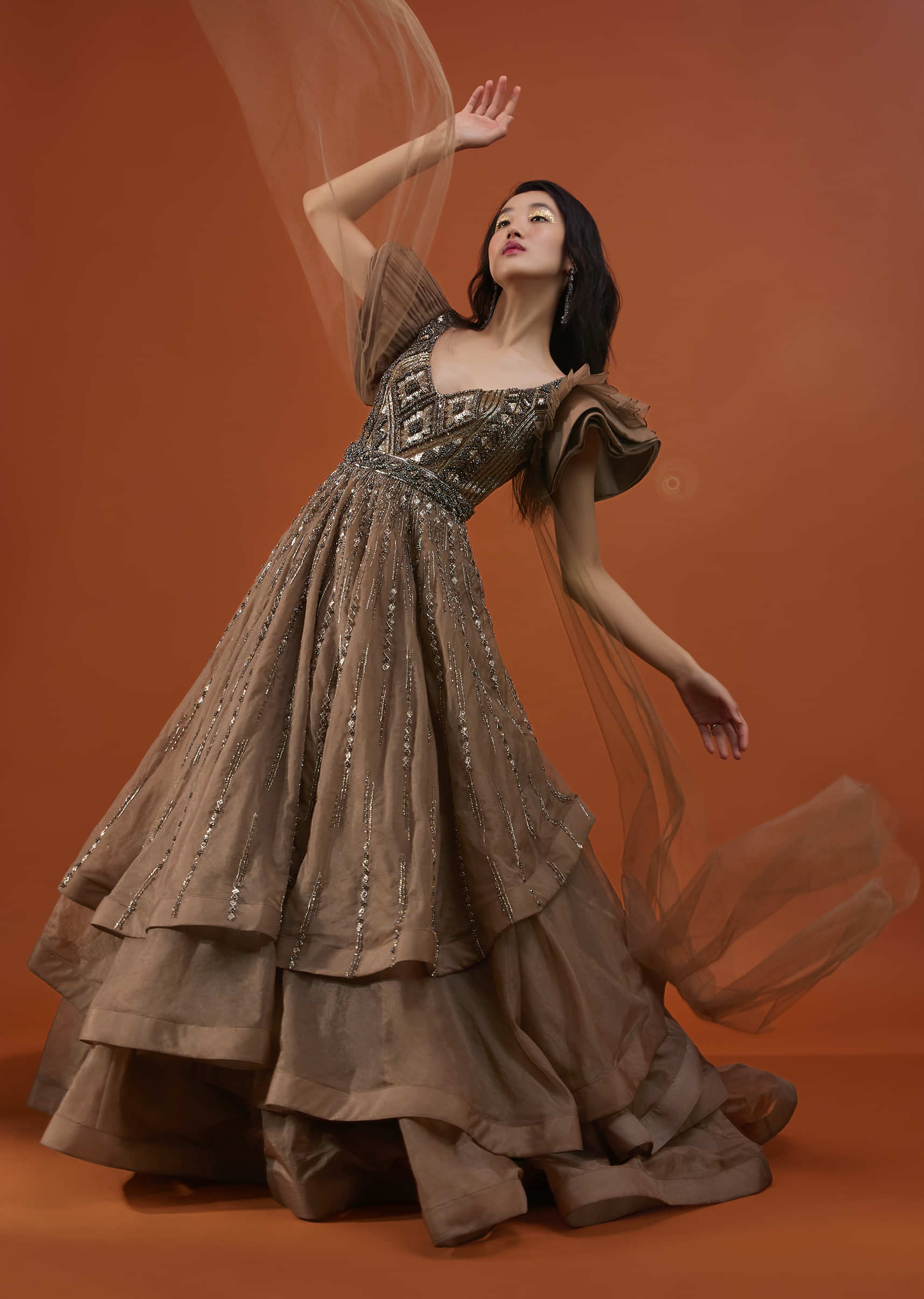 Coffee Brown Gown In Froufrou Organza With Frill Cap Sleeves - NOOR 2022